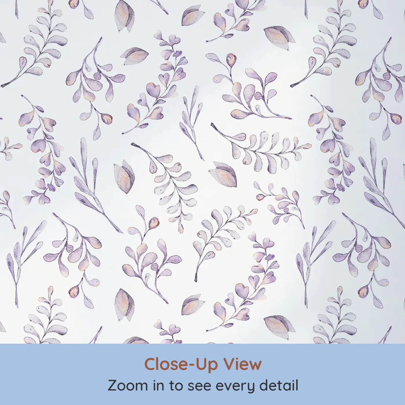 Close-up view of Whimsy Tots' Lavender Breeze Wallpaper (W3229).Soft lavender leaves dance like daydreams across a gentle white canvas.