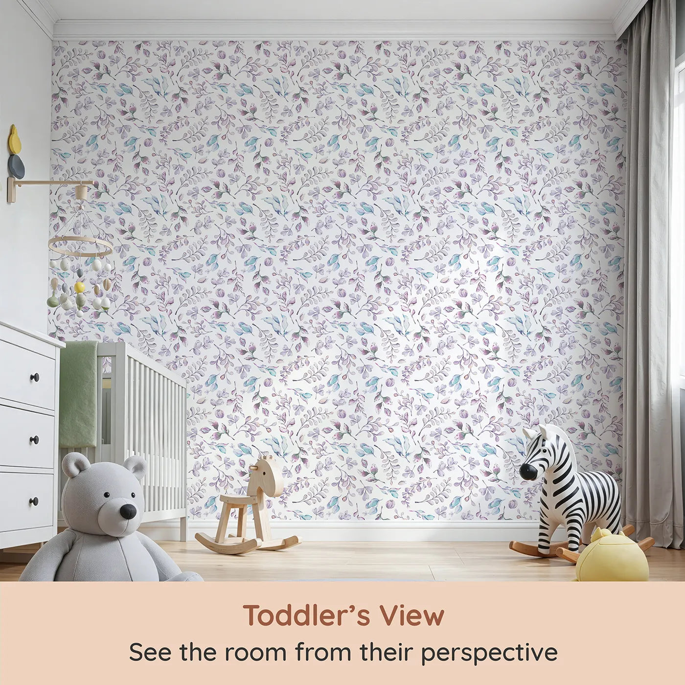 Whimsy Tots Lavender Breeze Wallpaper II (W3230) from your child's view.Gentle sprigs in lavender, lilac, and mint swirl across a calming white field.