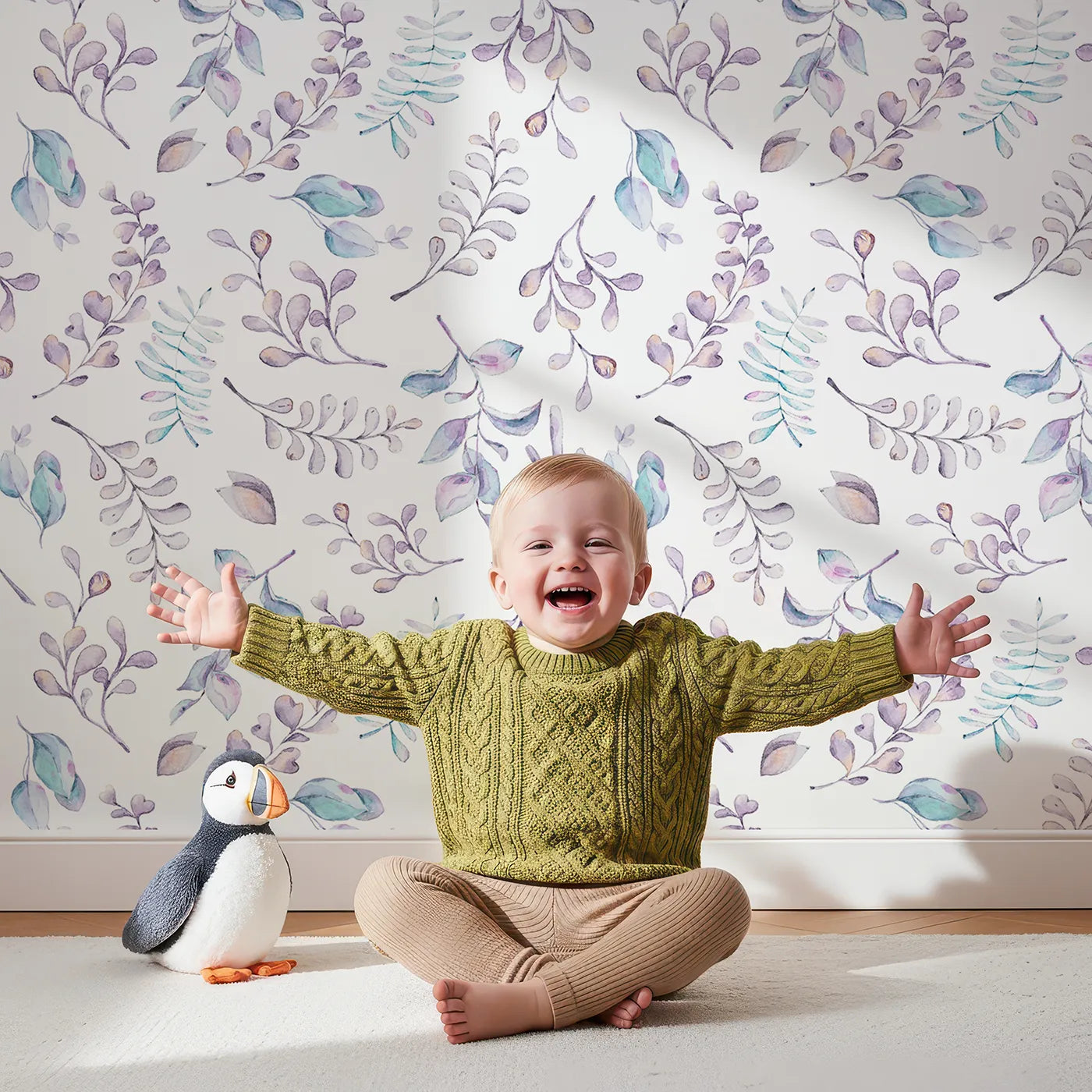 Lovely child standing in front of Whimsy Tots Lavender Breeze Wallpaper III with leaf, sprig, botanical, lavender in design.
