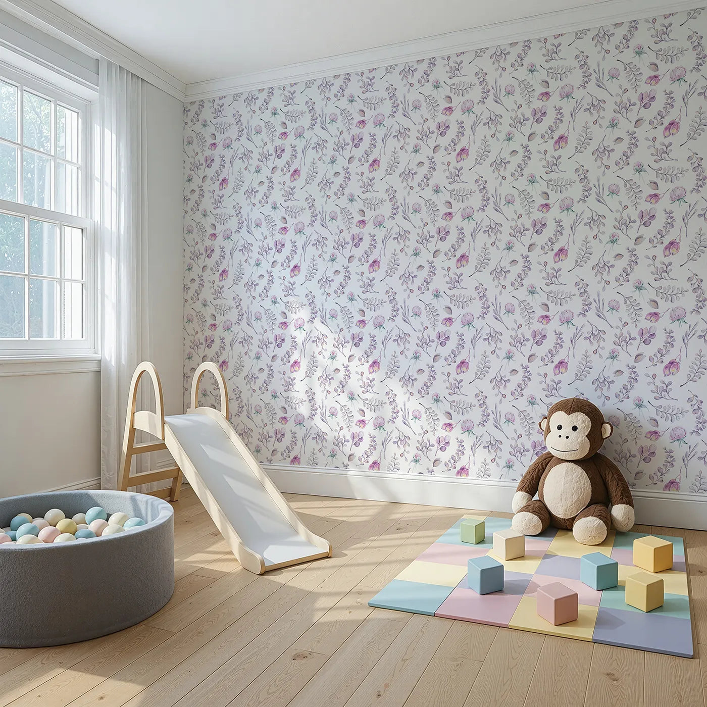 Angled view of Whimsy Tots' Lavender Breeze Wallpaper IV (W3232).Lavender leaves and pink florals bloom gently across a peaceful white sky.