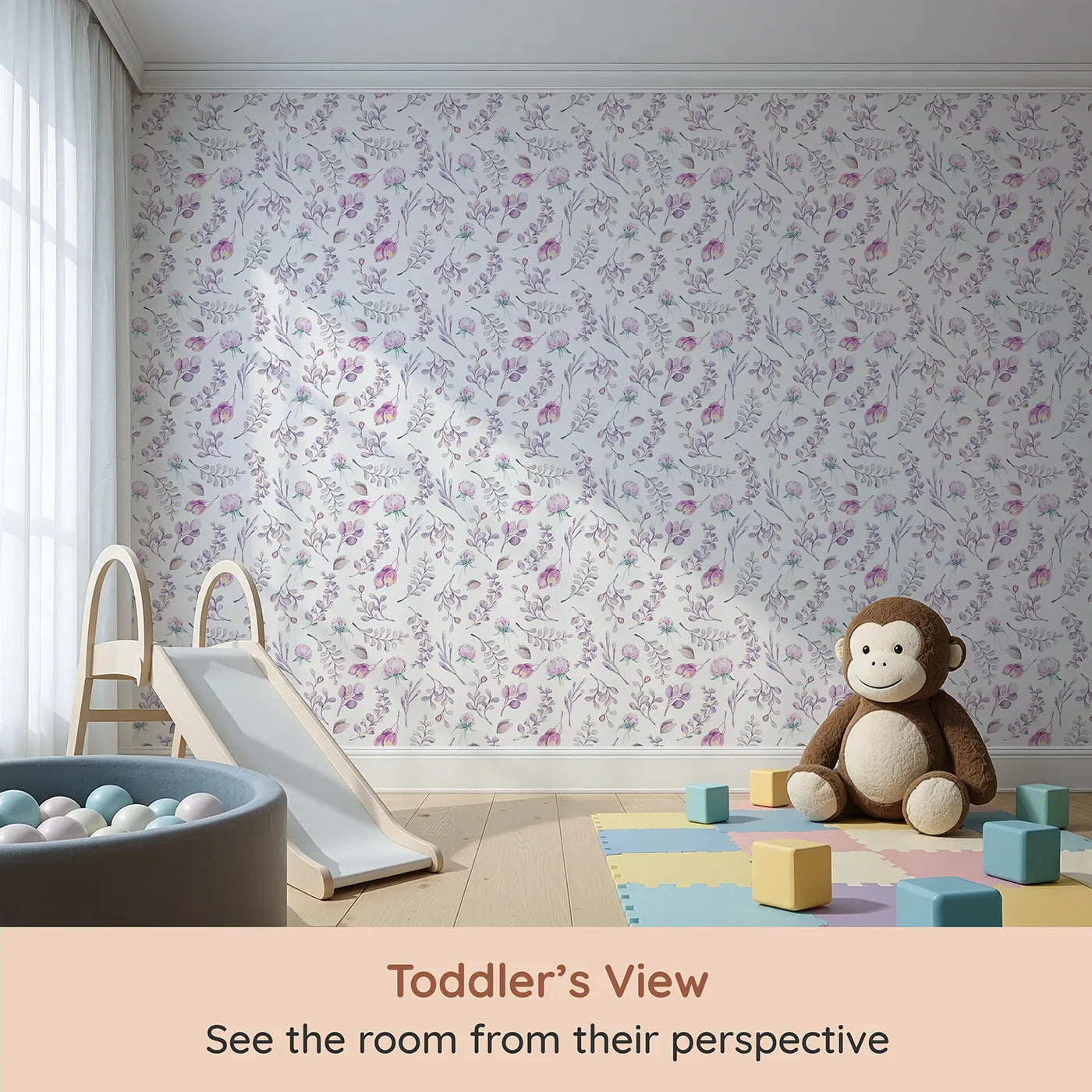 Whimsy Tots Lavender Breeze Wallpaper IV (W3232) from your child's view.Lavender leaves and pink florals bloom gently across a peaceful white sky.