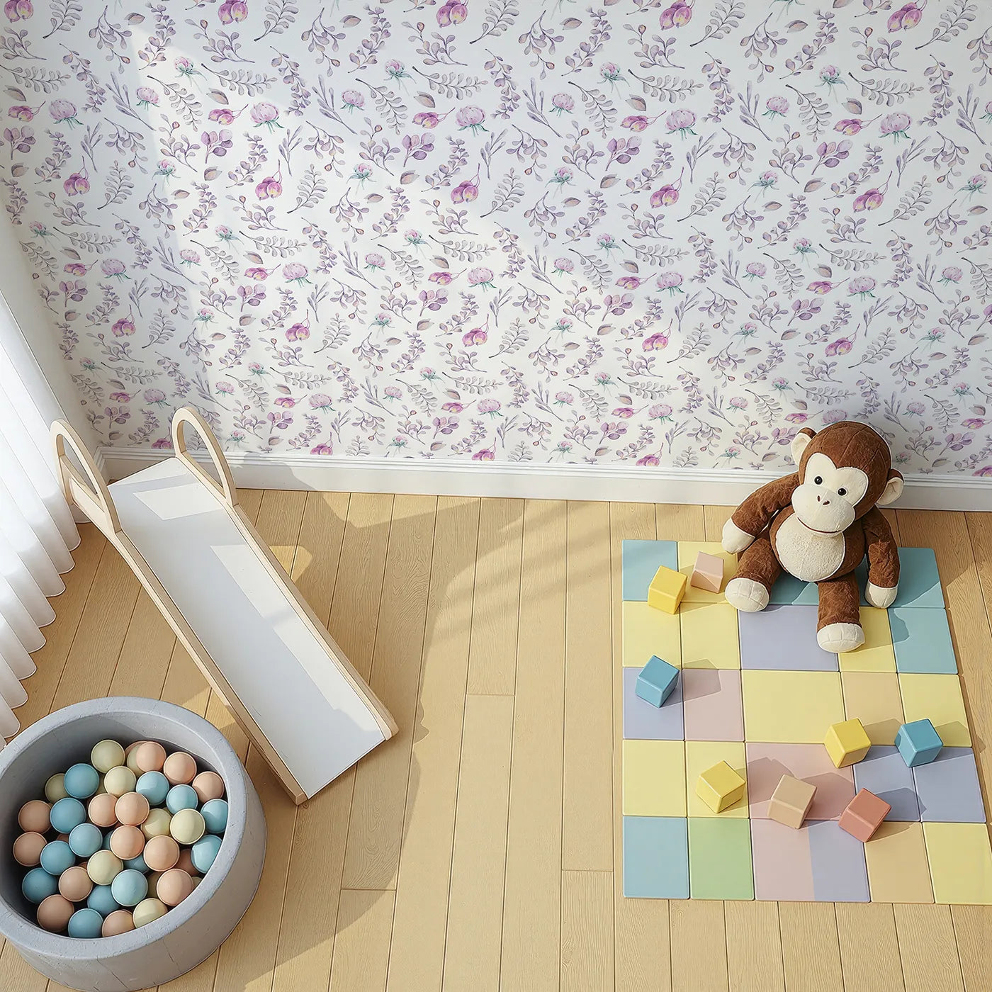 Top-Down view of Whimsy Tots' Lavender Breeze Wallpaper IV (W3232).Lavender leaves and pink florals bloom gently across a peaceful white sky.