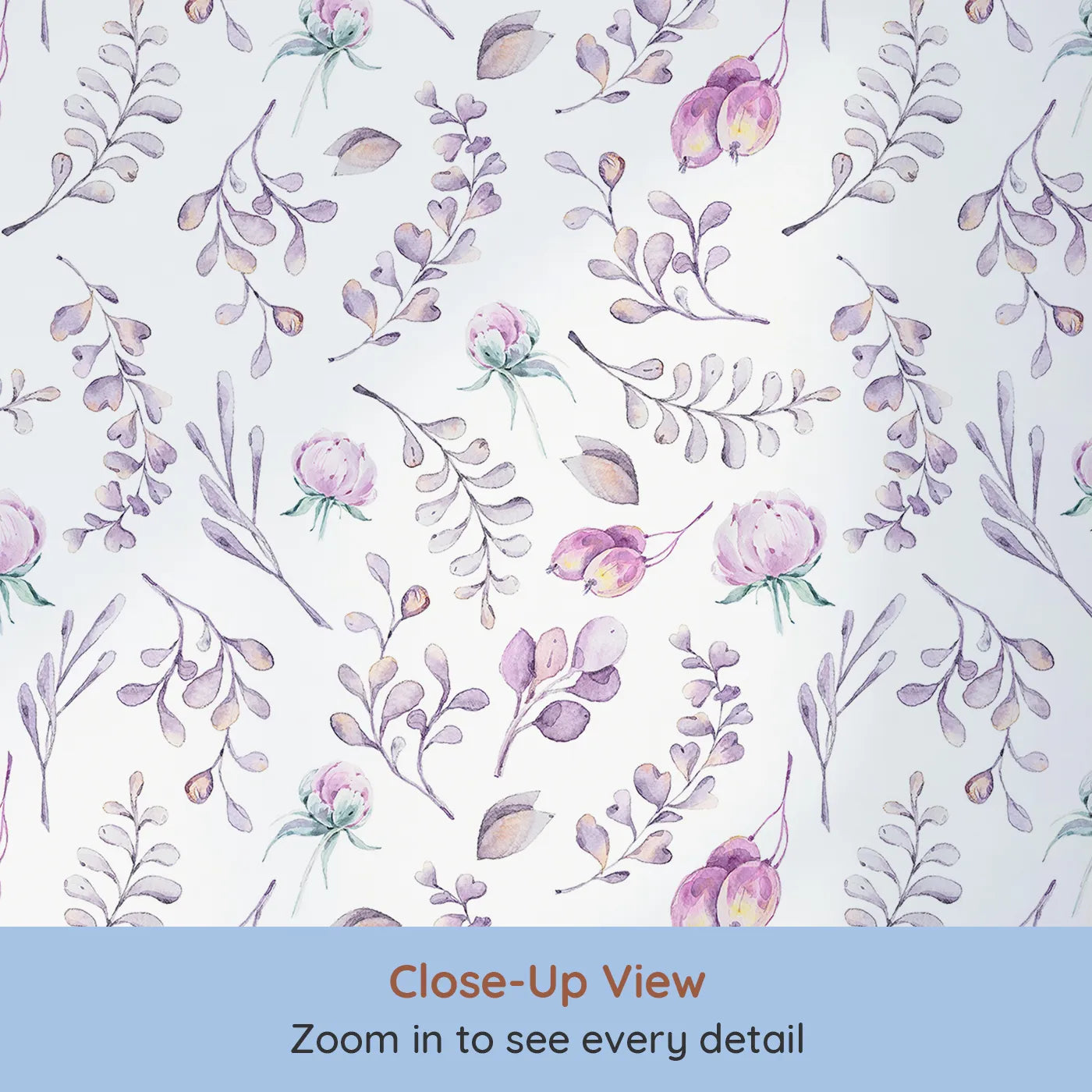 Close-up view of Whimsy Tots' Lavender Breeze Wallpaper IV (W3232).Lavender leaves and pink florals bloom gently across a peaceful white sky.