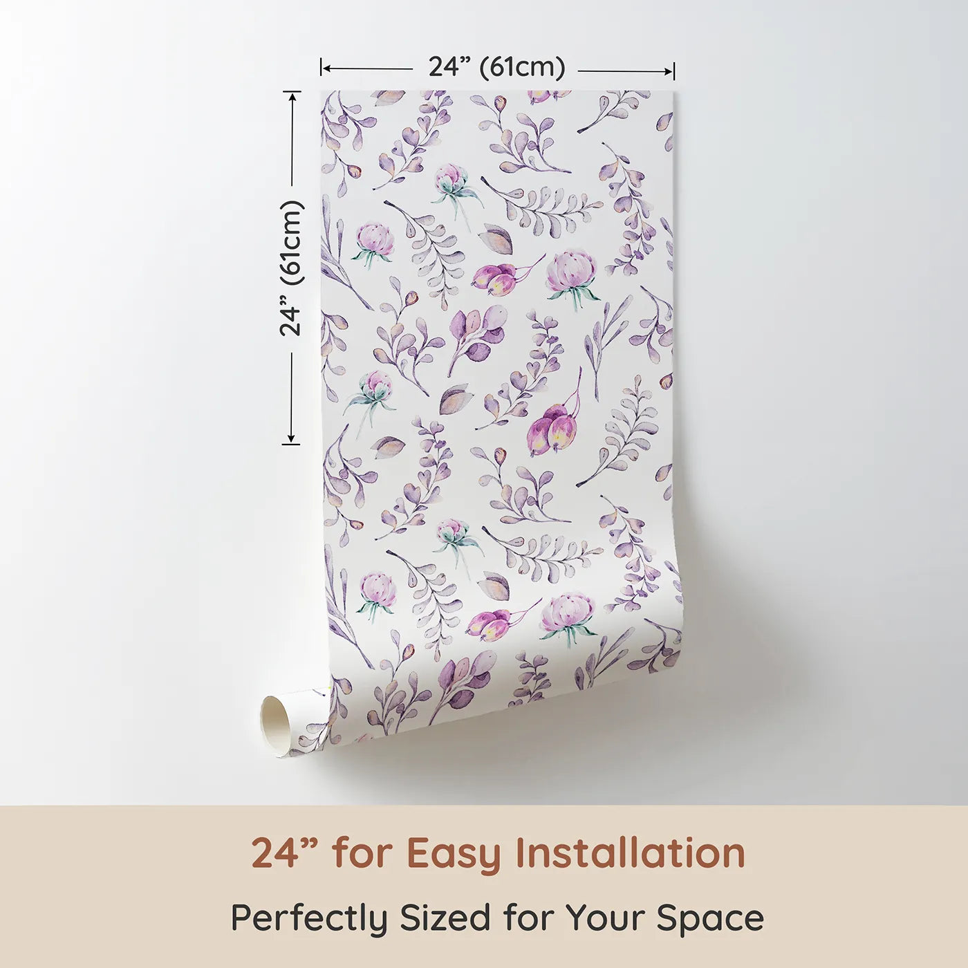 Dimension view of Whimsy Tots Lavender Breeze Wallpaper IV (W3232). Printed in 24-inch-wide panel for easy installation. Lavender leaves and pink florals bloom gently across a peaceful white sky.