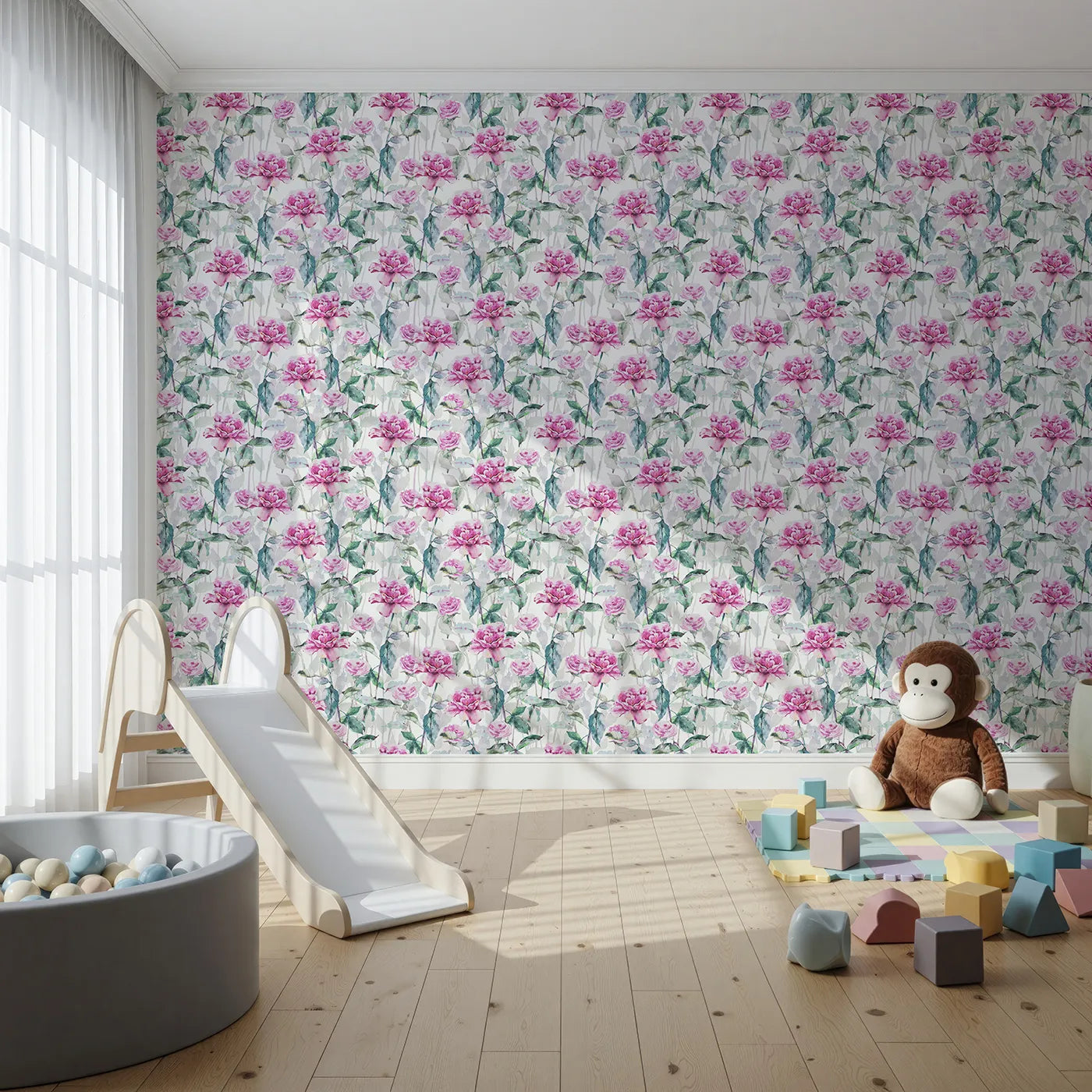 Front view of Whimsy Tots' Rosy Garden Stroll Wallpaper in White