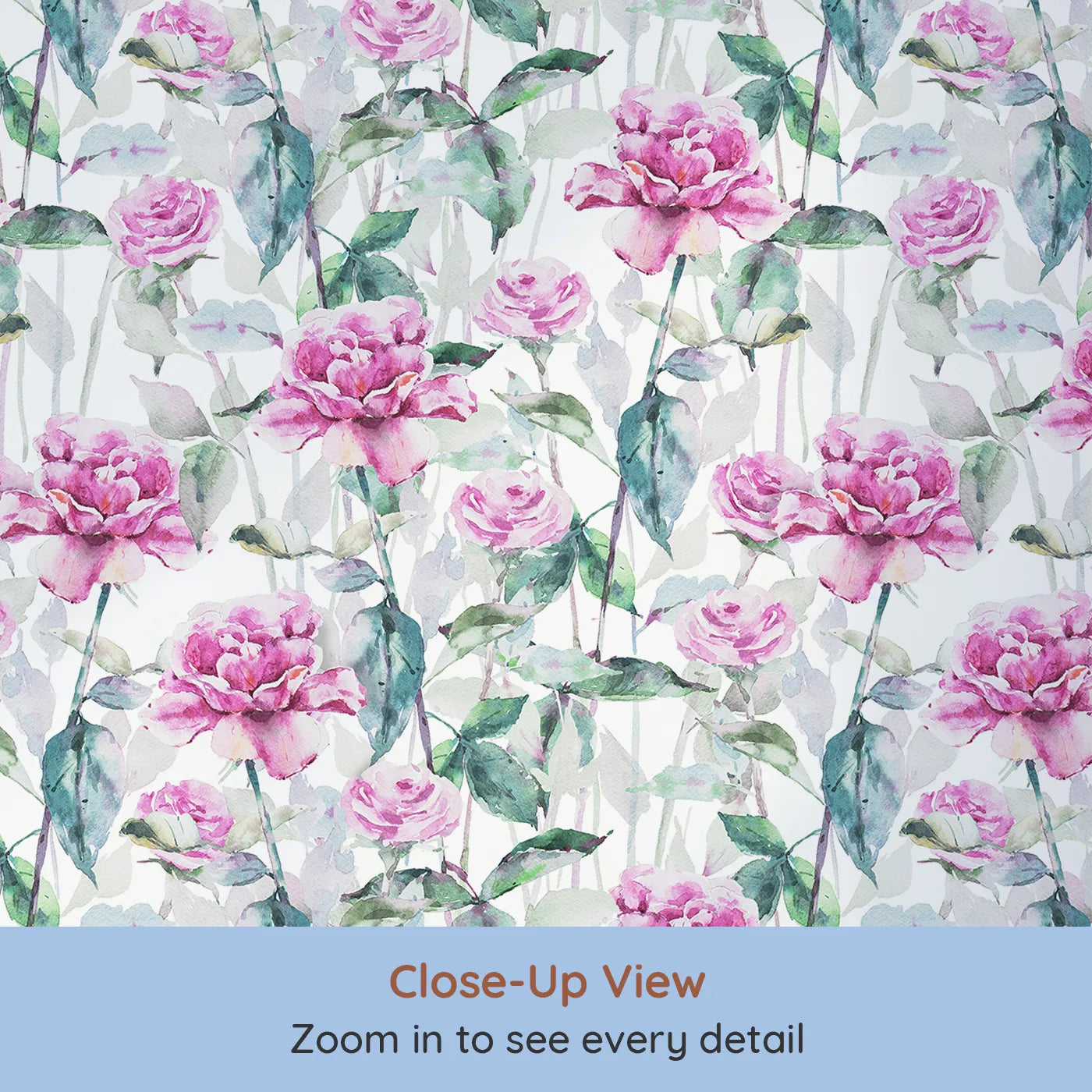 Close-up view of Whimsy Tots' Rosy Garden Stroll Wallpaper in White (W3233A).Big pink roses and leafy vines trail upward in a watercolor daydream.