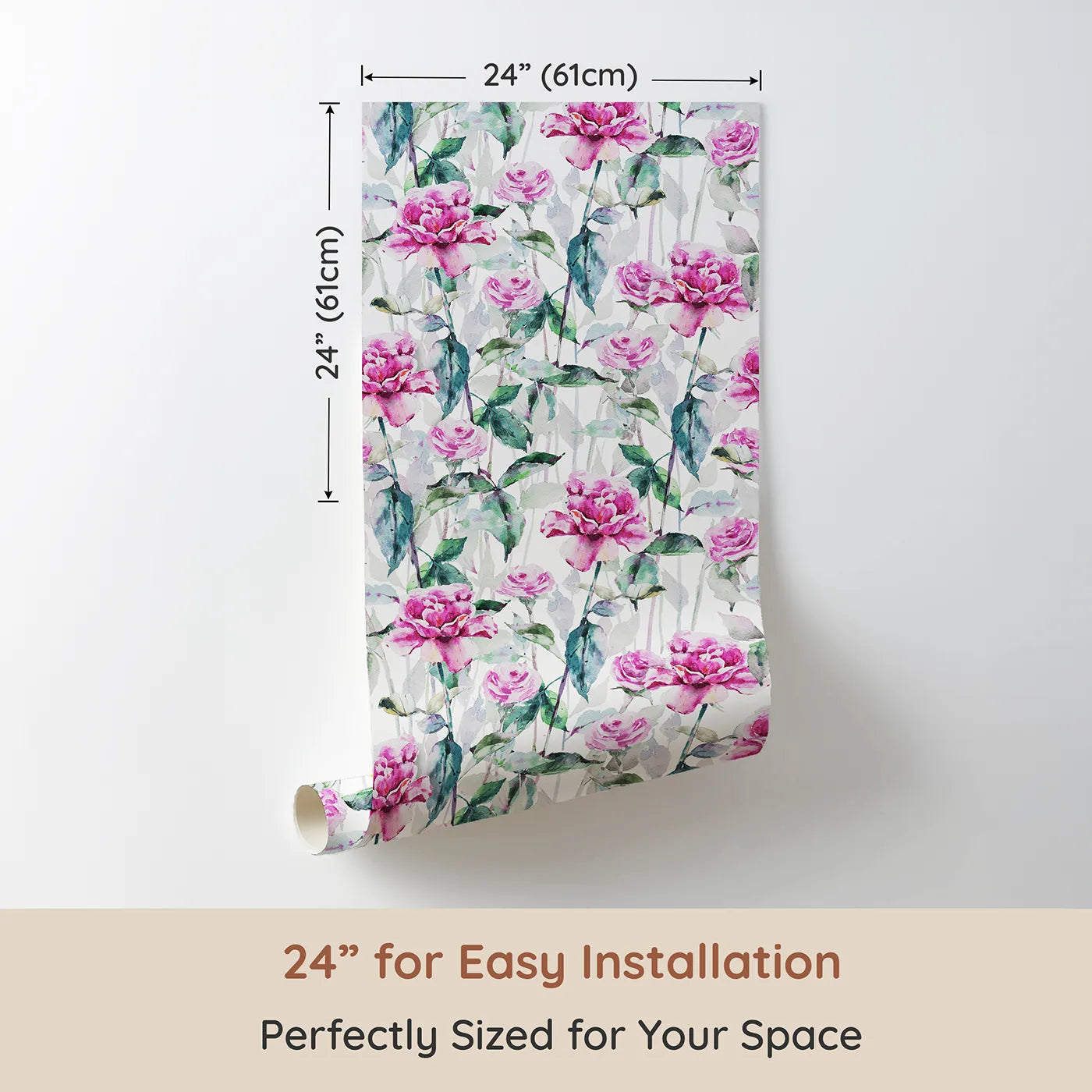 Dimension view of Whimsy Tots Rosy Garden Stroll Wallpaper in White (W3233A). Printed in 24-inch-wide panel for easy installation. Big pink roses and leafy vines trail upward in a watercolor daydream.