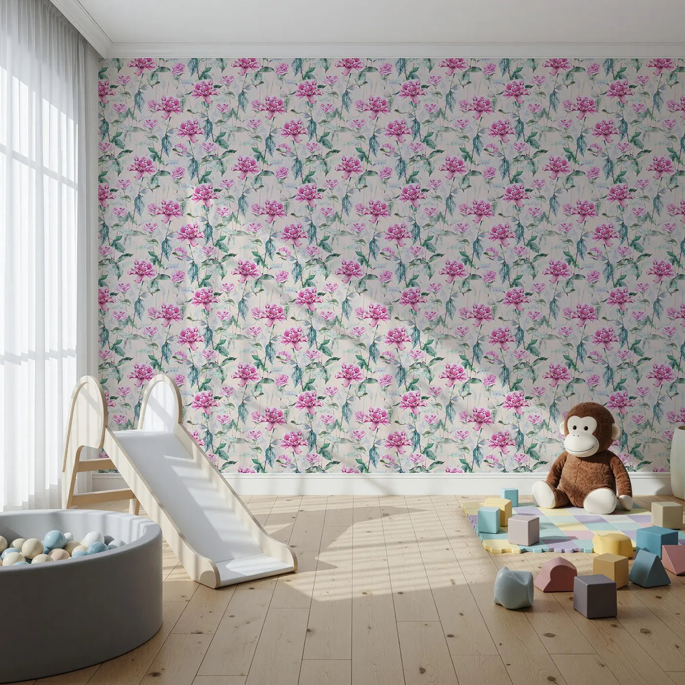 Front view of Whimsy Tots' Rosy Garden Stroll Wallpaper in Cream