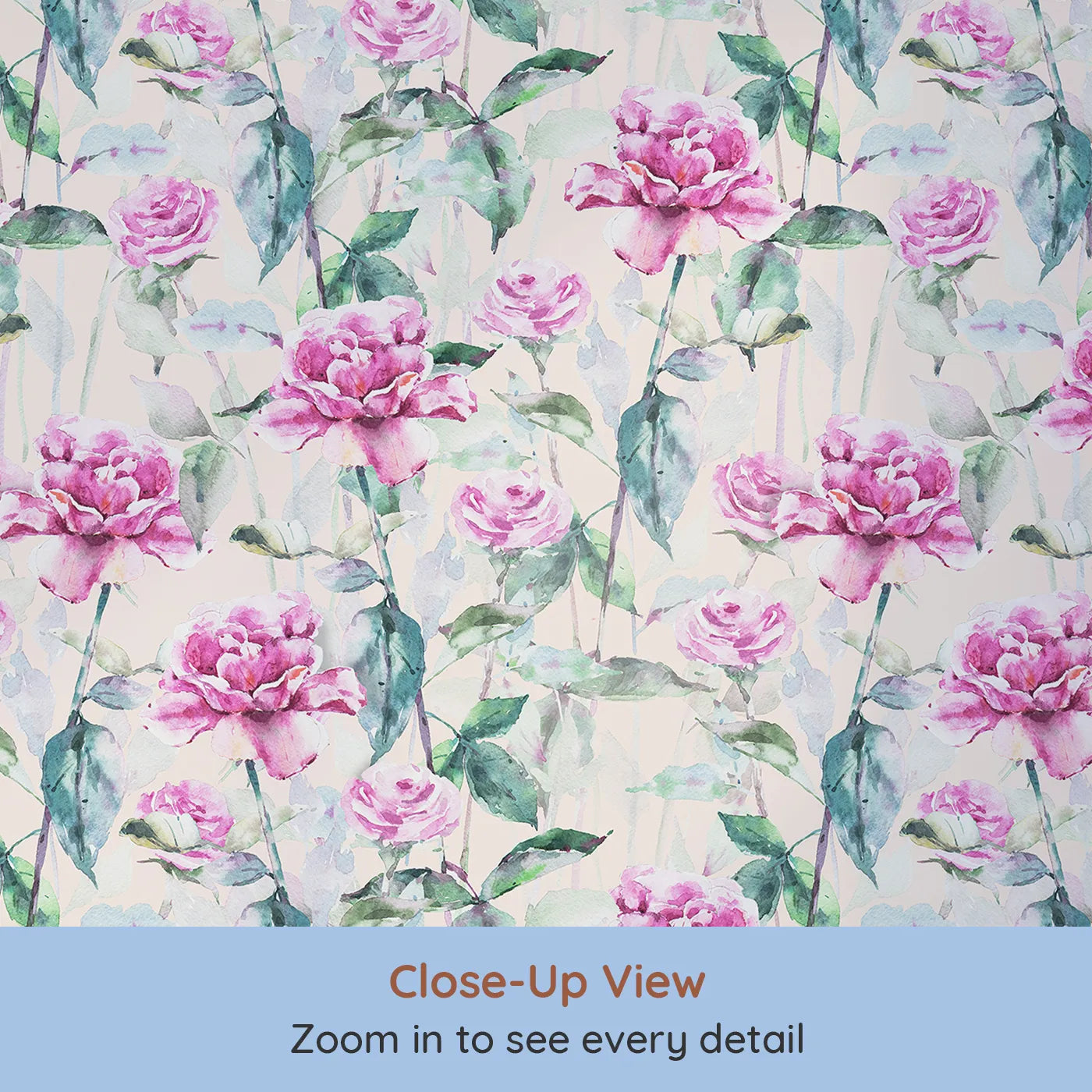Close-up view of Whimsy Tots' Rosy Garden Stroll Wallpaper in Cream (W3233B).Watercolor roses and green leaves bloom warmly across a soft cream sky.