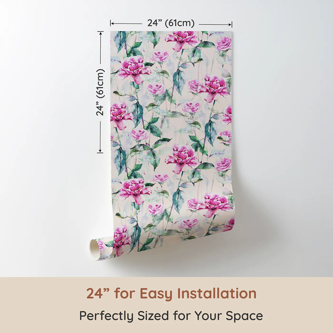 Dimension view of Whimsy Tots Rosy Garden Stroll Wallpaper in Cream (W3233B). Printed in 24-inch-wide panel for easy installation. Watercolor roses and green leaves bloom warmly across a soft cream sky.