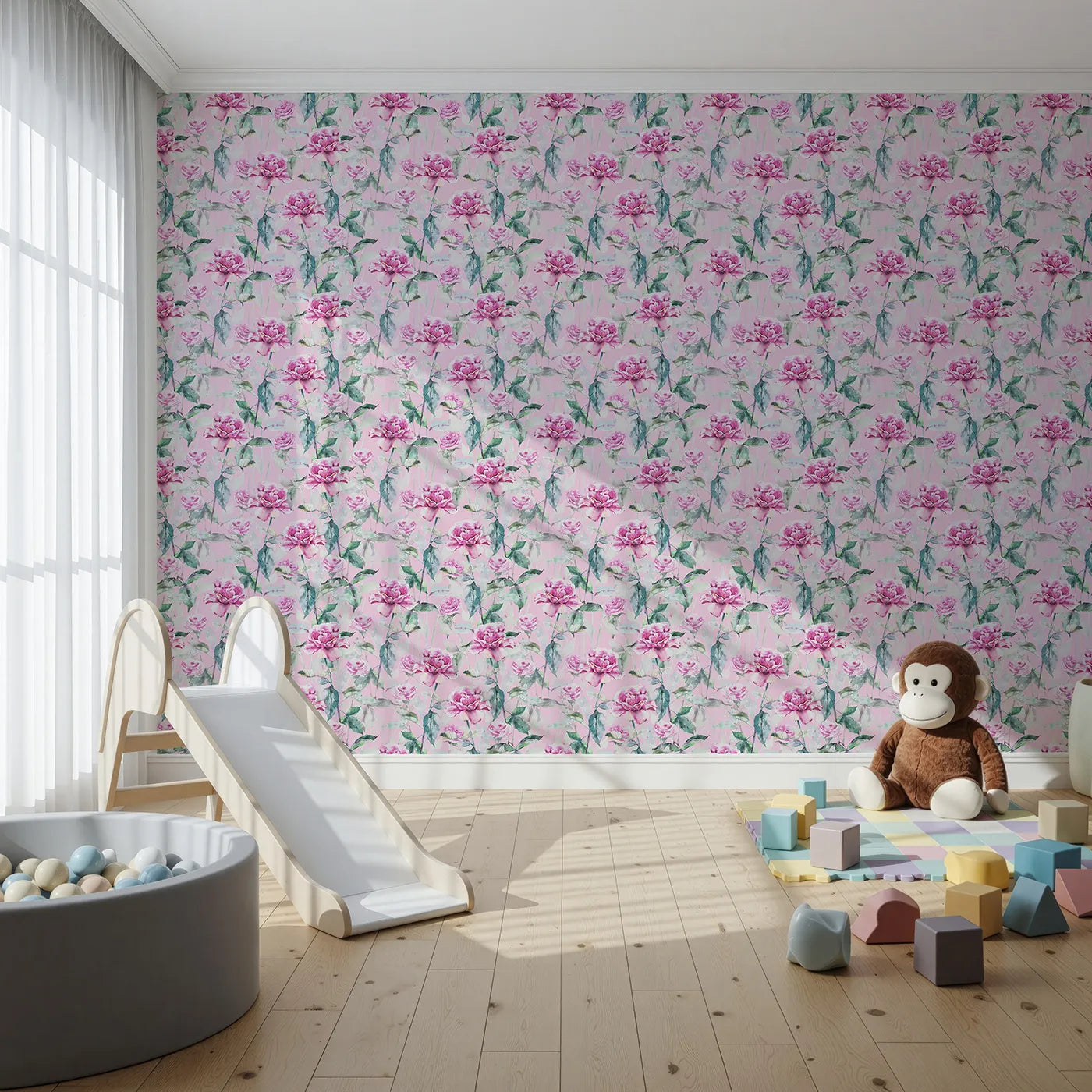Front view of Whimsy Tots' Rosy Garden Stroll Wallpaper in Pink