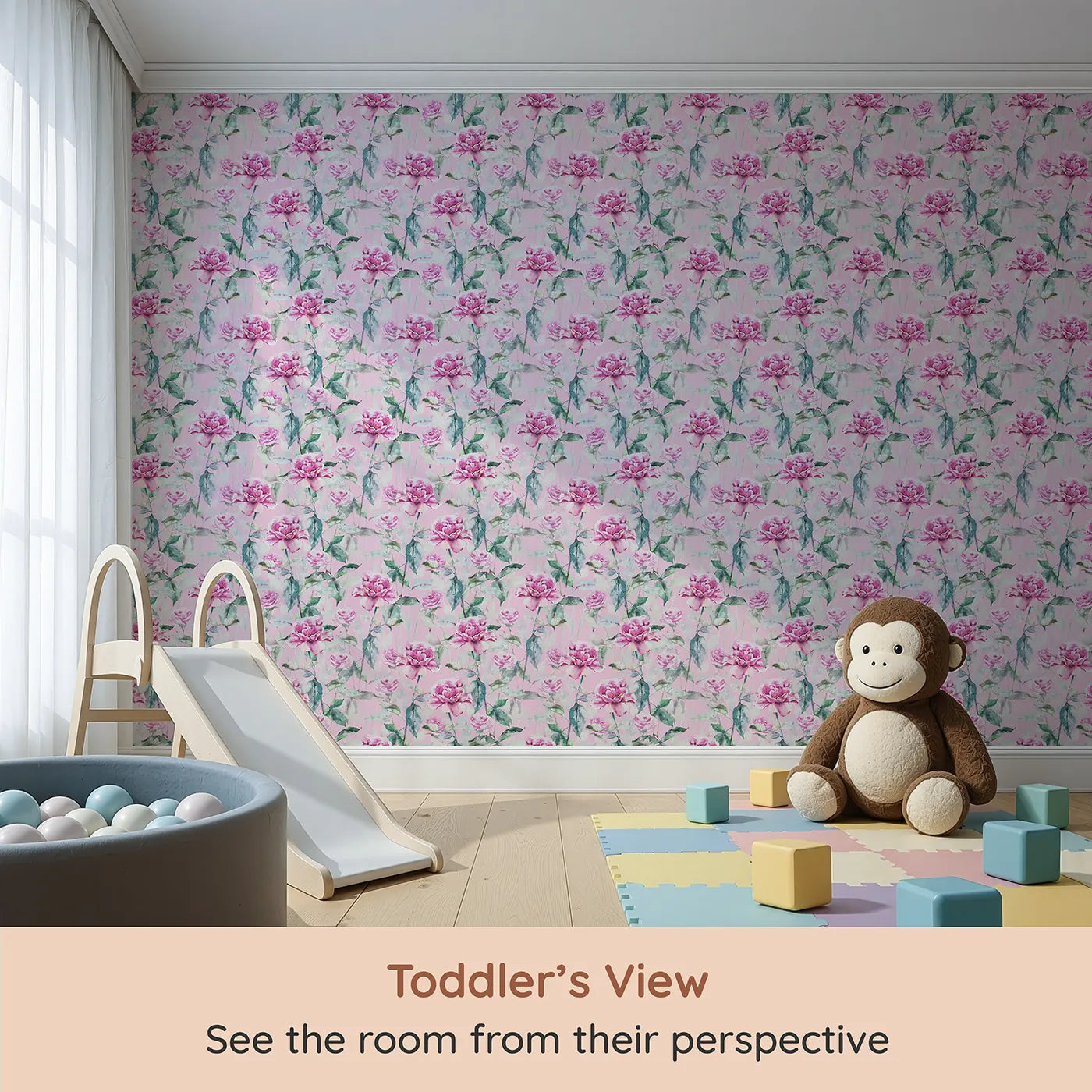 Whimsy Tots Rosy Garden Stroll Wallpaper in Pink (W3233C) from your child's view.Towering roses and leafy greens dance atop a playful pink sky.