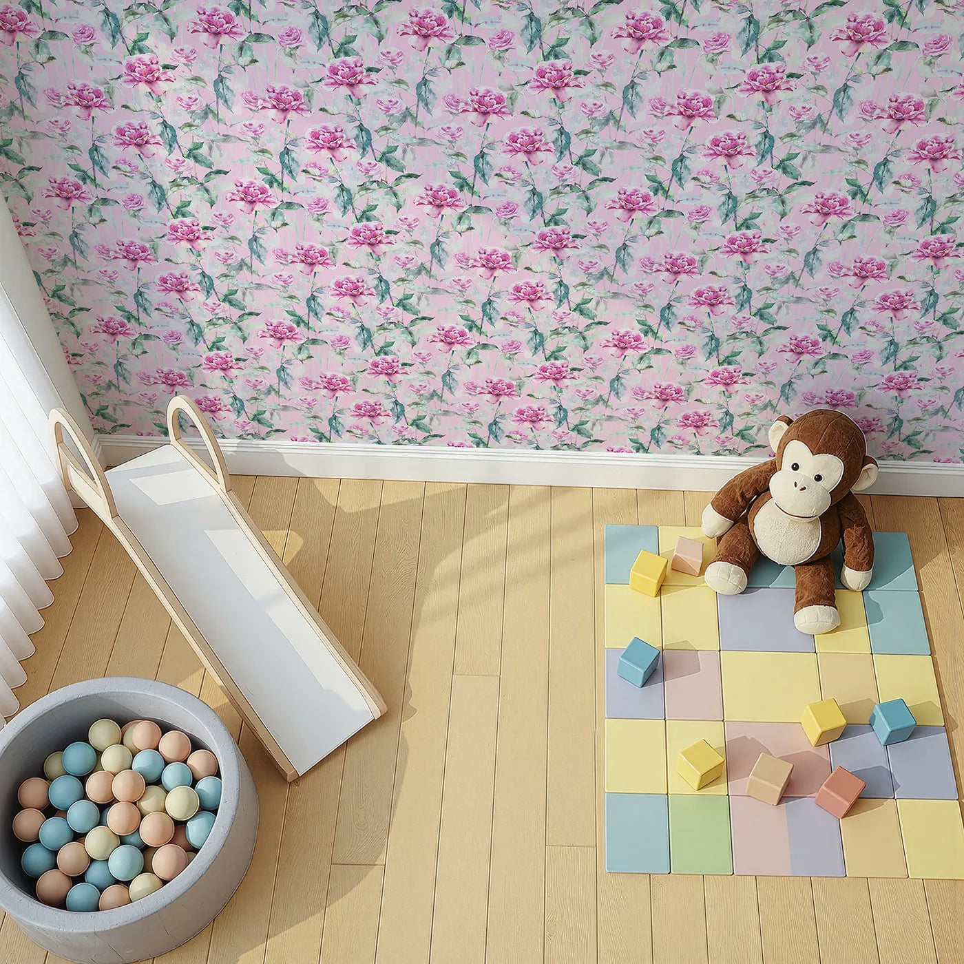 Top-Down view of Whimsy Tots' Rosy Garden Stroll Wallpaper in Pink (W3233C).Towering roses and leafy greens dance atop a playful pink sky.