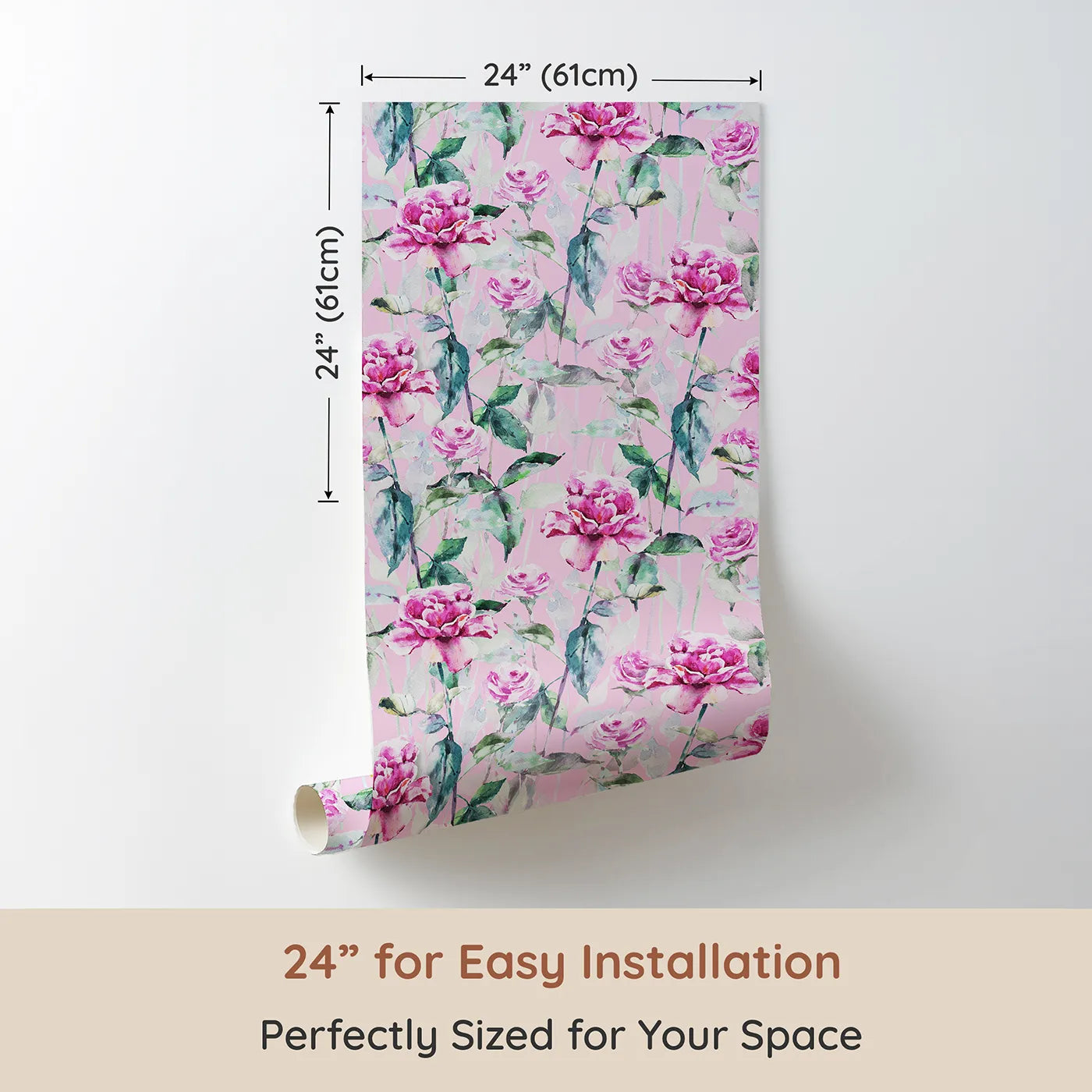 Dimension view of Whimsy Tots Rosy Garden Stroll Wallpaper in Pink (W3233C). Printed in 24-inch-wide panel for easy installation. Towering roses and leafy greens dance atop a playful pink sky.