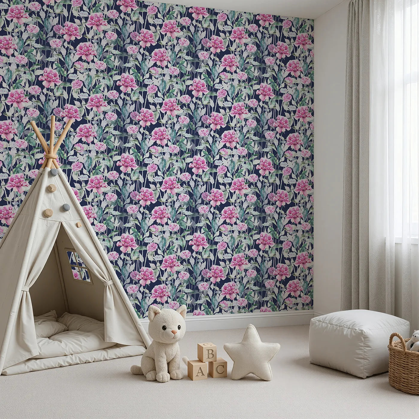 Angled view of Whimsy Tots' Rosy Garden Stroll Wallpaper in Midnight (W3233D).Bright pink roses and soft green leaves glow against a deep navy sky.