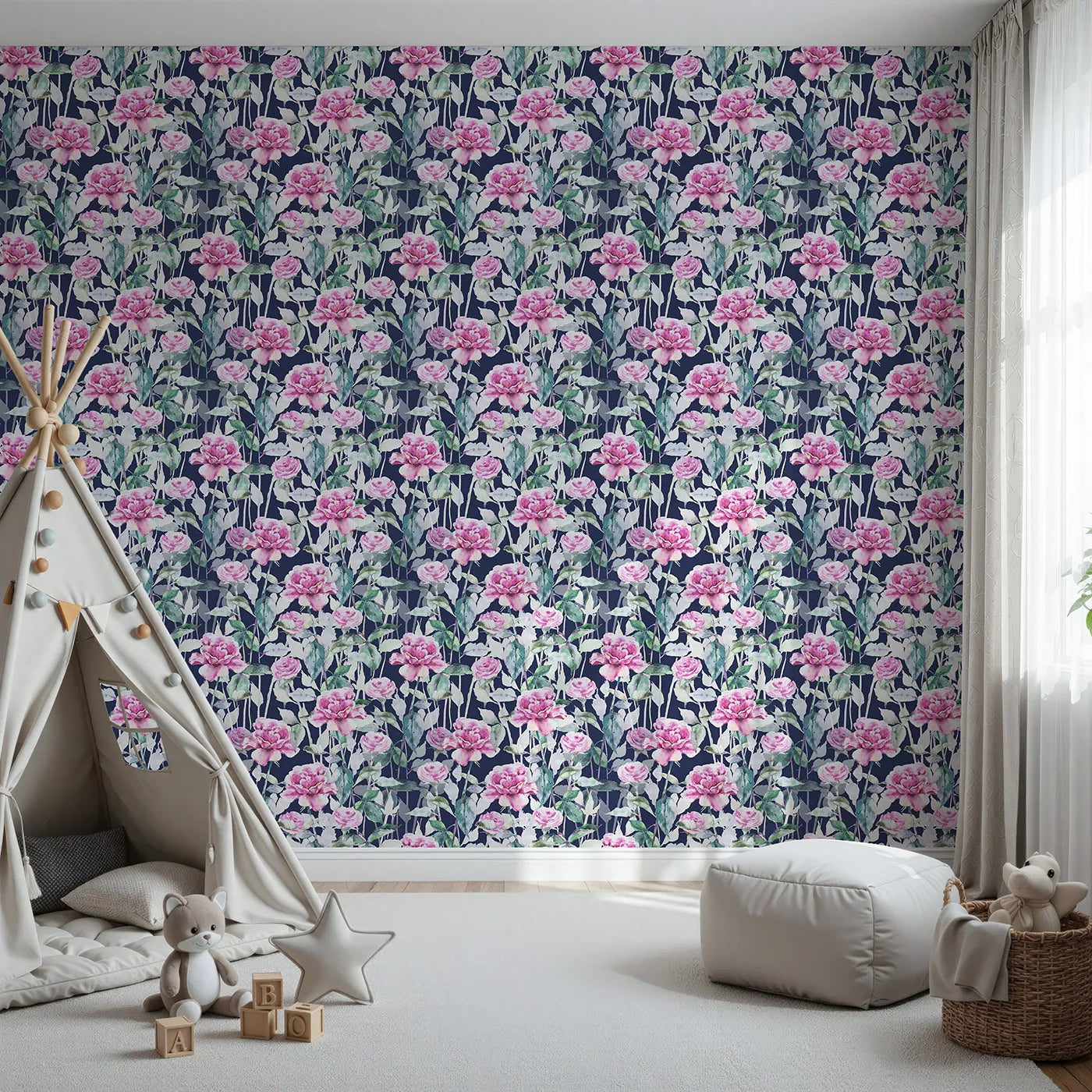 Front view of Whimsy Tots' Rosy Garden Stroll Wallpaper in Midnight