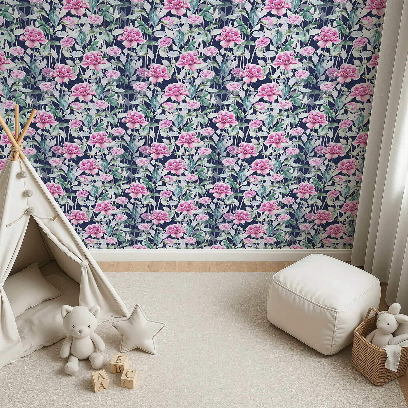 Top-Down view of Whimsy Tots' Rosy Garden Stroll Wallpaper in Midnight (W3233D).Bright pink roses and soft green leaves glow against a deep navy sky.