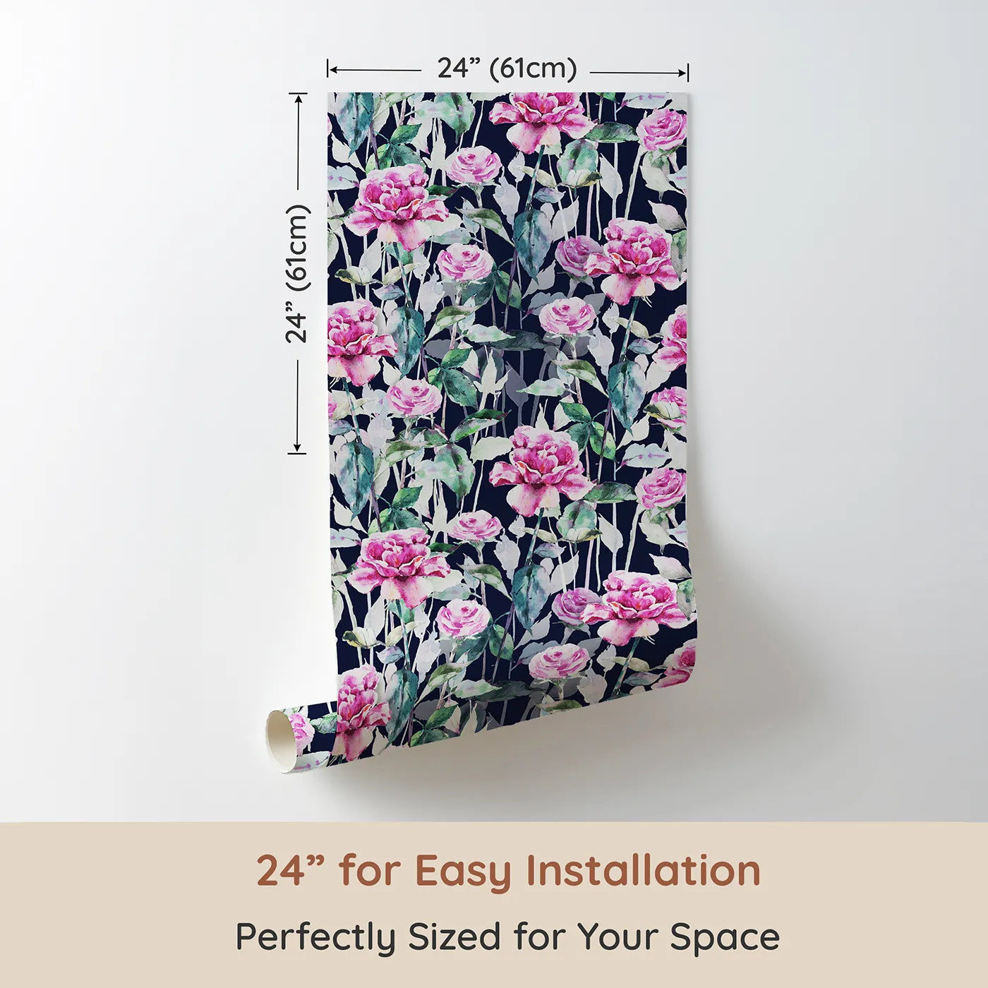 Dimension view of Whimsy Tots Rosy Garden Stroll Wallpaper in Midnight (W3233D). Printed in 24-inch-wide panel for easy installation. Bright pink roses and soft green leaves glow against a deep navy sky.