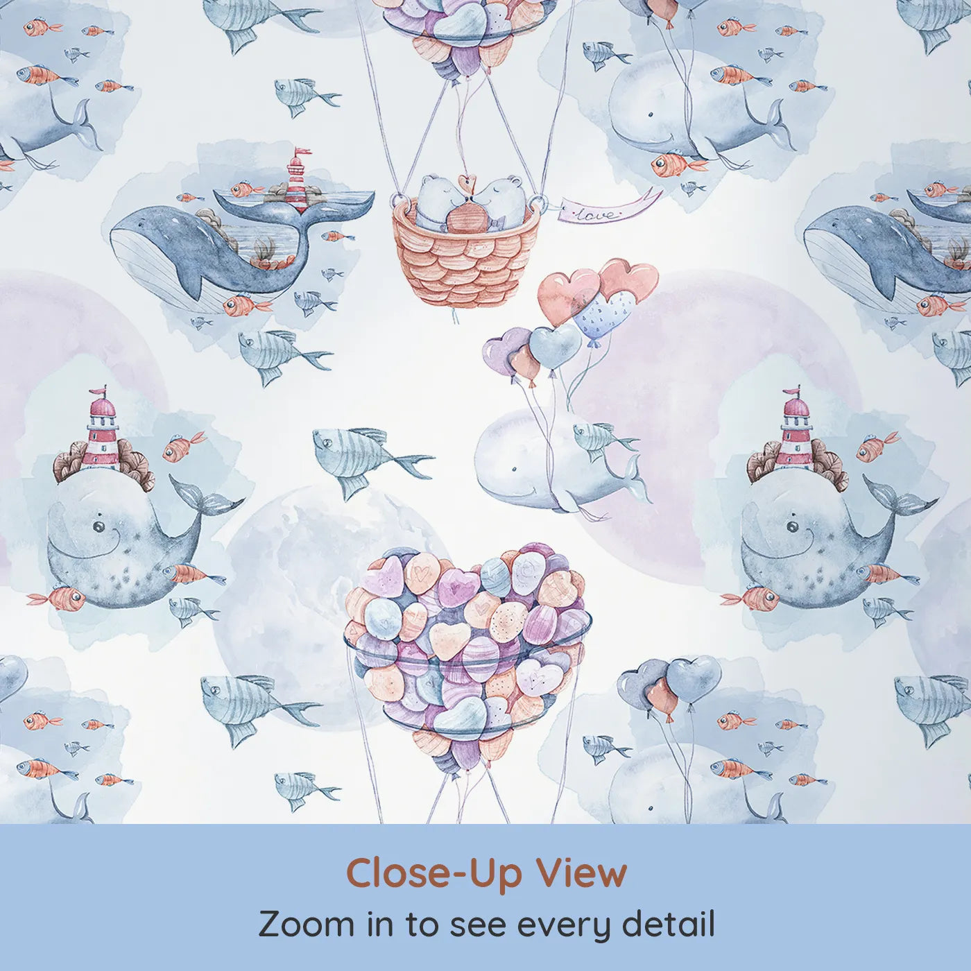 Close-up view of Whimsy Tots' Whale Balloon Dreams Wallpaper (W3234).Smiling whales, heart balloons, and cozy fish drift through dreamy skies.