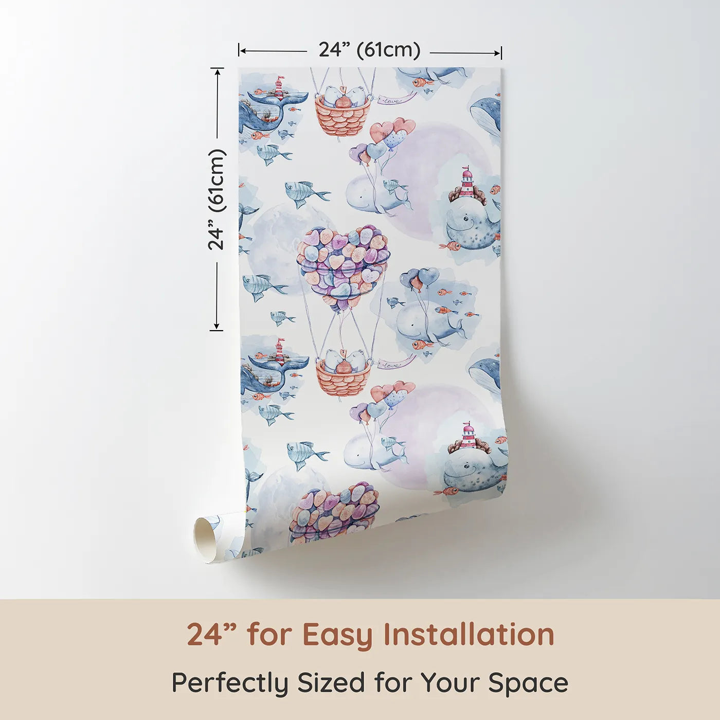 Dimension view of Whimsy Tots Whale Balloon Dreams Wallpaper (W3234). Printed in 24-inch-wide panel for easy installation. Smiling whales, heart balloons, and cozy fish drift through dreamy skies.