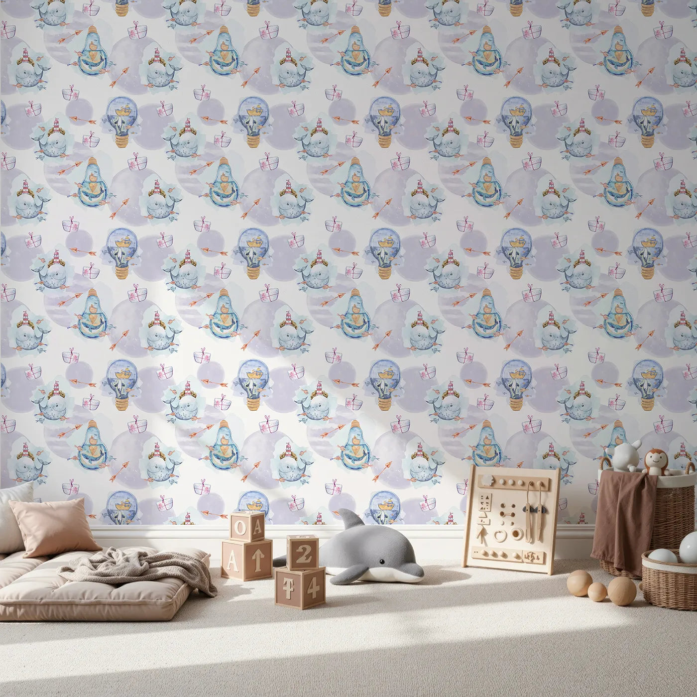 Front view of Whimsy Tots' Ocean Gifts and Lighthouse Wishes Wallpaper