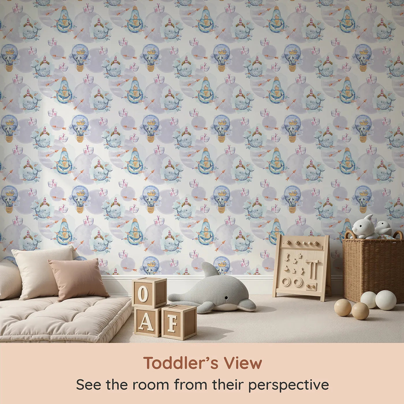Whimsy Tots Ocean Gifts and Lighthouse Wishes Wallpaper (W3235) from your child's view.Whales, fish, and light-up bottles float through waves of wonder and gifting.