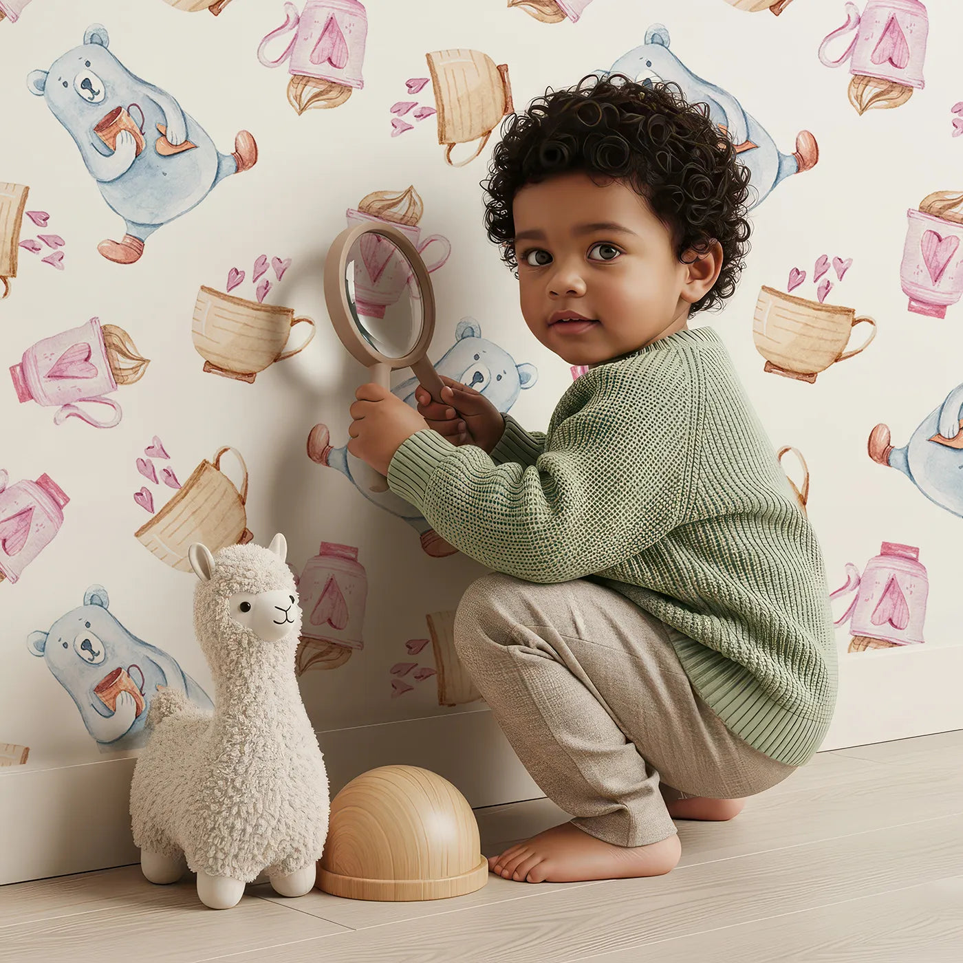 Lovely child standing in front of Whimsy Tots Cocoa Bear Snuggle Time Wallpaper with bear, mug, heart, cocoa, cup in design.