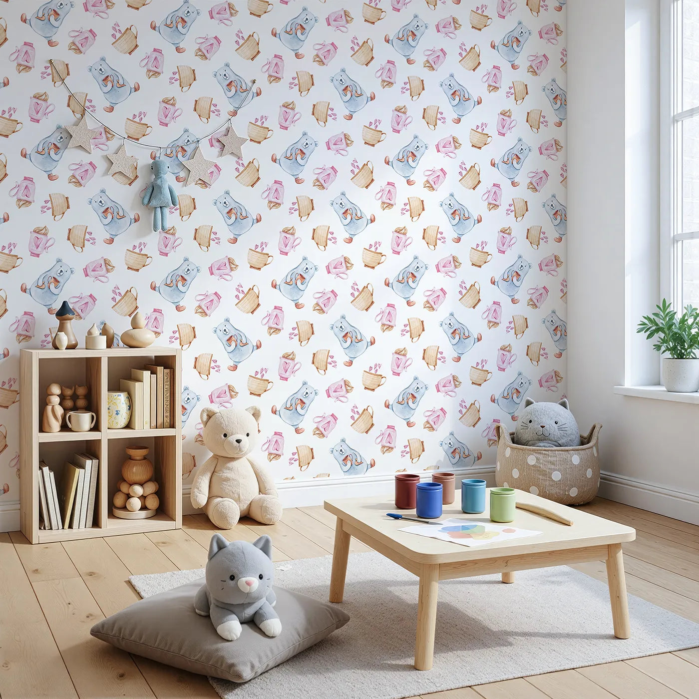 Angled view of Whimsy Tots' Cocoa Bear Snuggle Time Wallpaper (W3236).Smiling bears sip cocoa while mugs and hearts swirl in warm pastels.