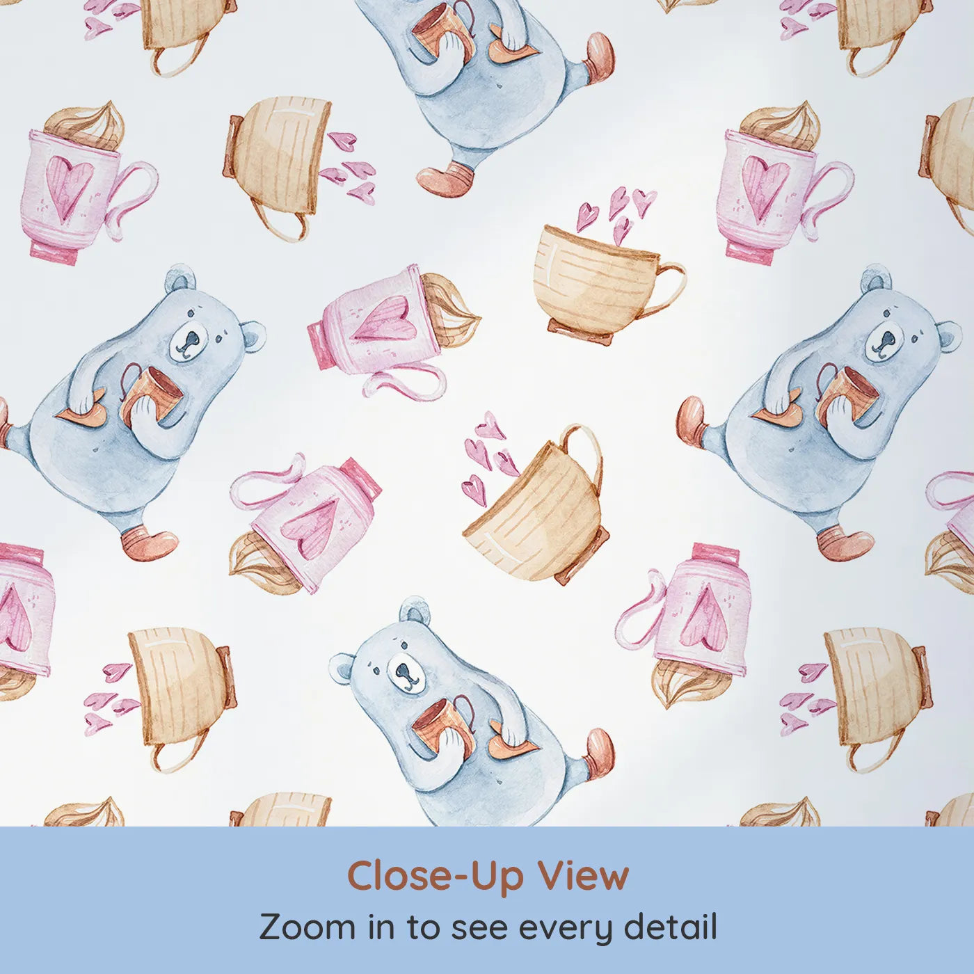Close-up view of Whimsy Tots' Cocoa Bear Snuggle Time Wallpaper (W3236).Smiling bears sip cocoa while mugs and hearts swirl in warm pastels.
