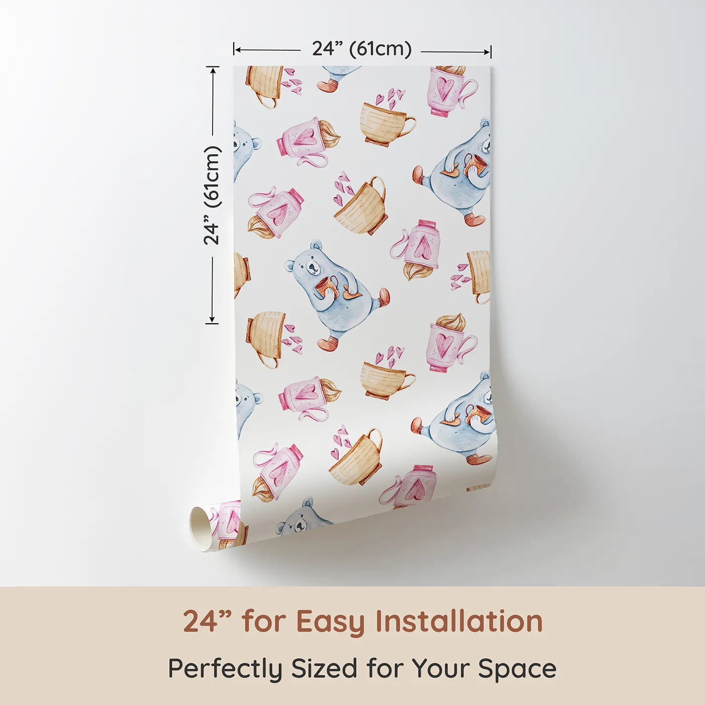 Dimension view of Whimsy Tots Cocoa Bear Snuggle Time Wallpaper (W3236). Printed in 24-inch-wide panel for easy installation. Smiling bears sip cocoa while mugs and hearts swirl in warm pastels.