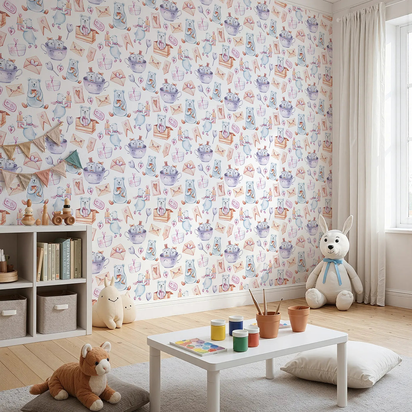 Angled view of Whimsy Tots' Bear Hugs and Love Letters Wallpaper (W3237).Cuddly bears, letters, and gifts fill every inch with warmth and charm.