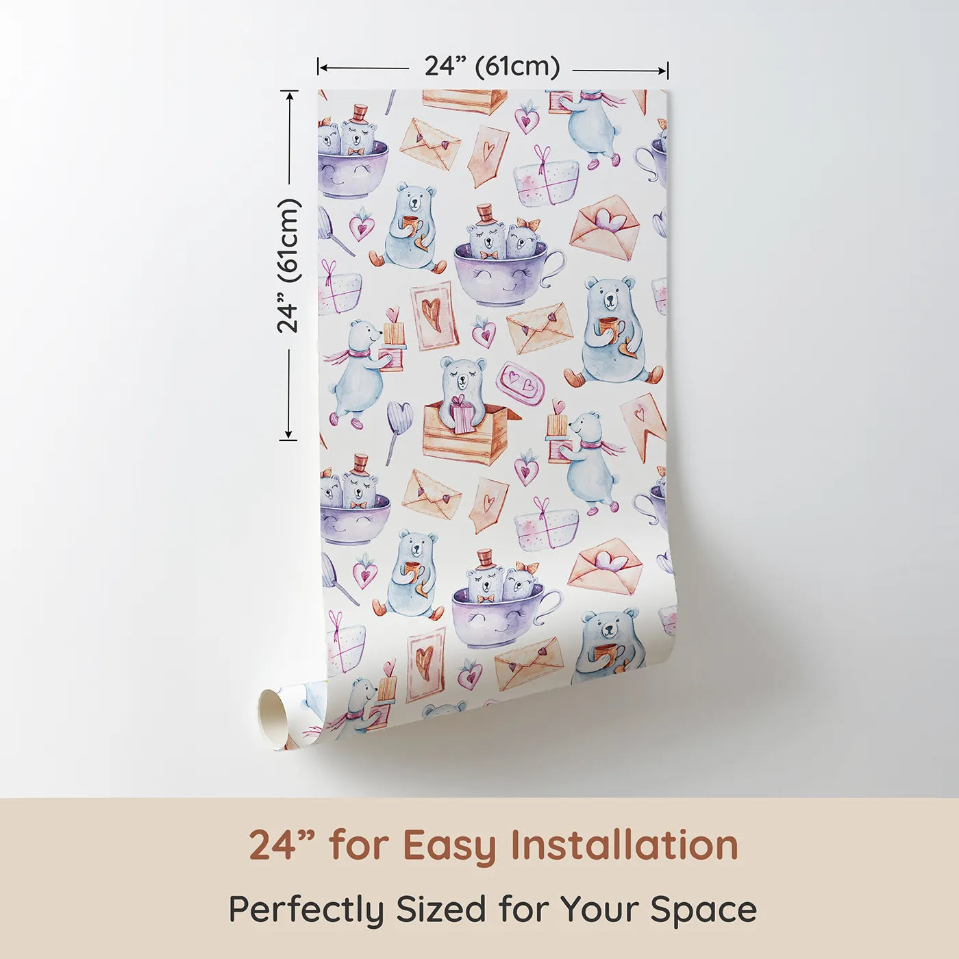 Dimension view of Whimsy Tots Bear Hugs and Love Letters Wallpaper (W3237). Printed in 24-inch-wide panel for easy installation. Cuddly bears, letters, and gifts fill every inch with warmth and charm.