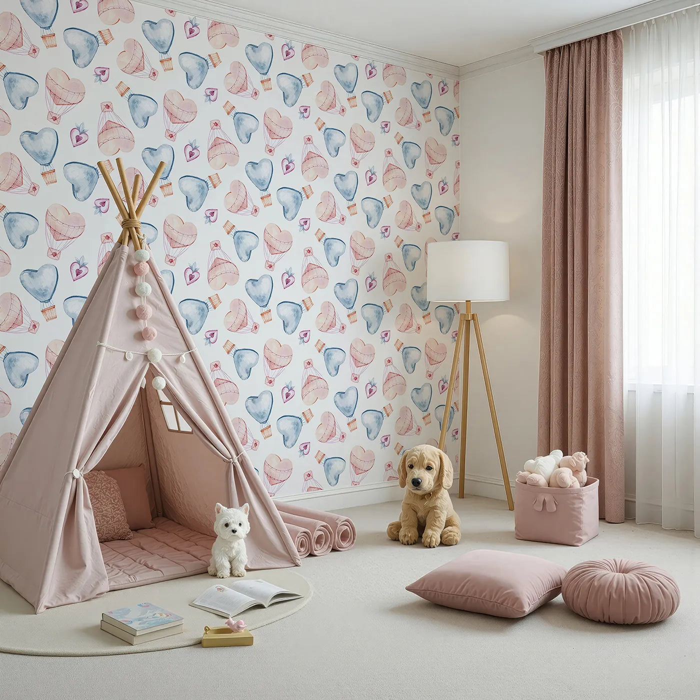 Angled view of Whimsy Tots' Heart Balloon Adventure Wallpaper (W3238).Heart-shaped balloons and envelopes drift through peaceful watercolor skies.