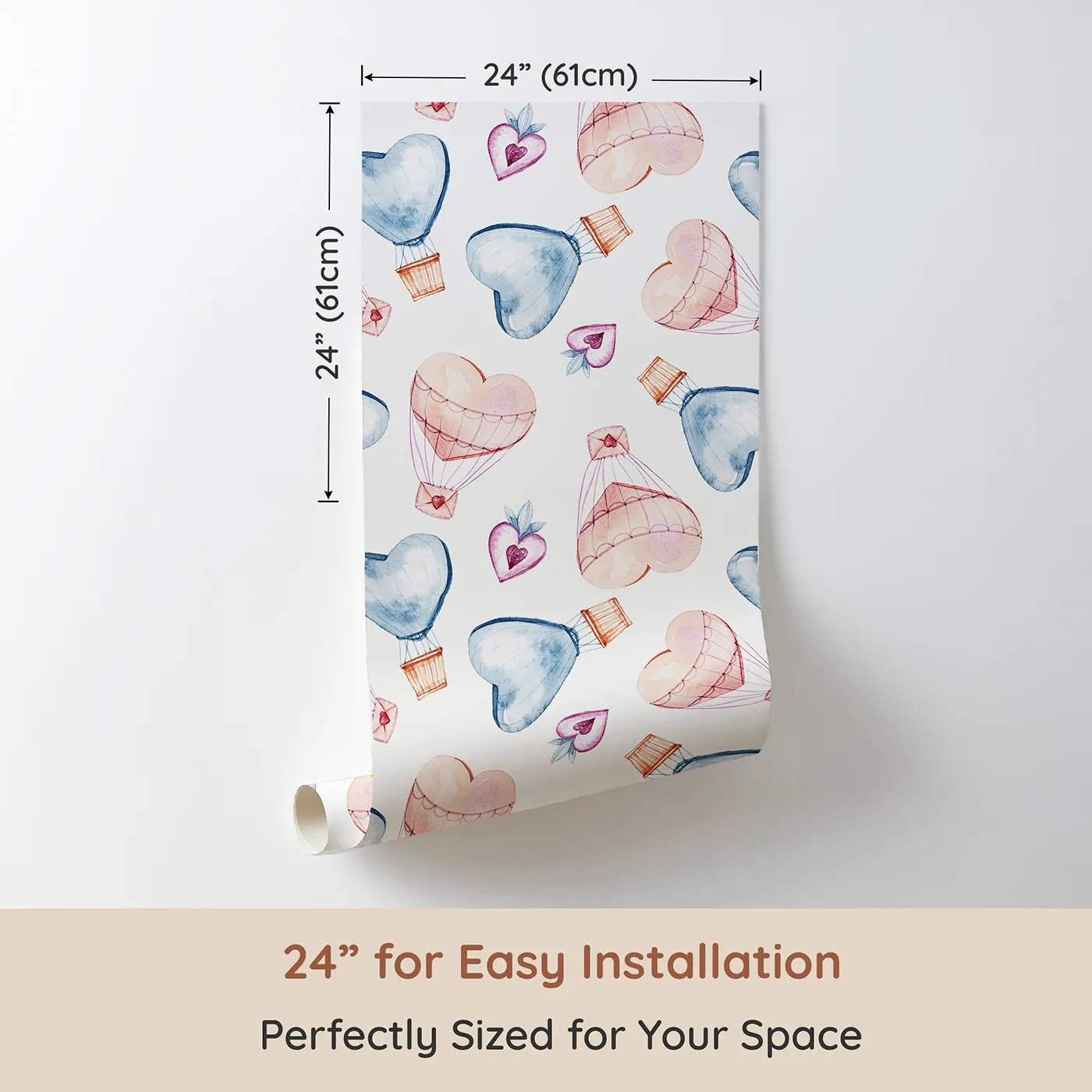 Dimension view of Whimsy Tots Heart Balloon Adventure Wallpaper (W3238). Printed in 24-inch-wide panel for easy installation. Heart-shaped balloons and envelopes drift through peaceful watercolor skies.