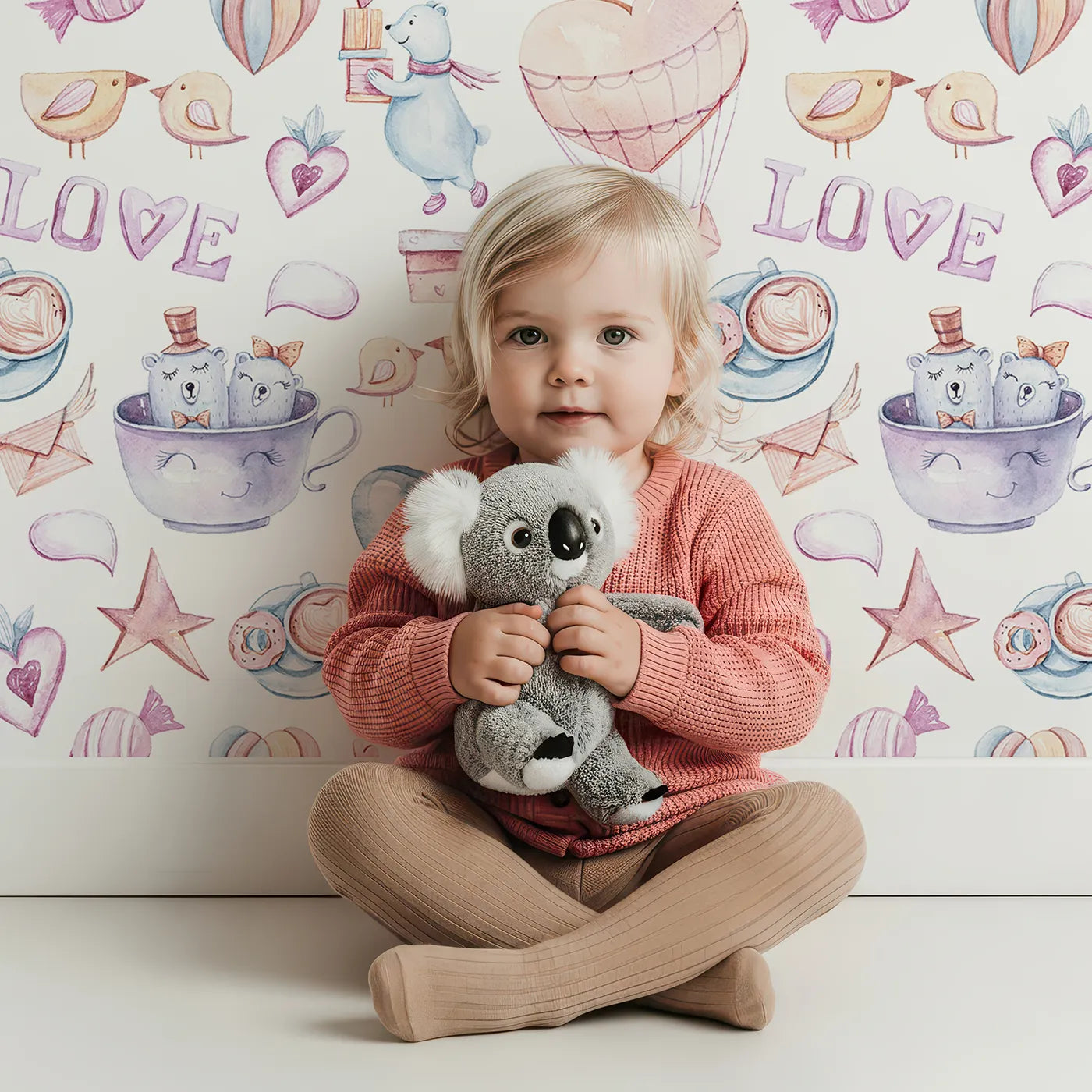 Lovely child standing in front of Whimsy Tots Sweetheart Cafe and Cloudy Bears Wallpaper with bear, mug, gift, cupcake, bird, balloon, heart in design.