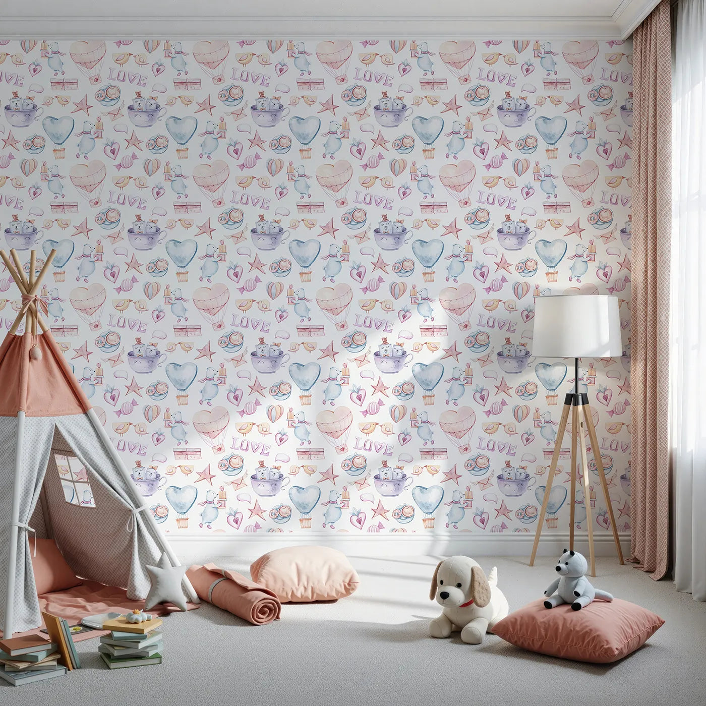 Front view of Whimsy Tots' Sweetheart Cafe and Cloudy Bears Wallpaper