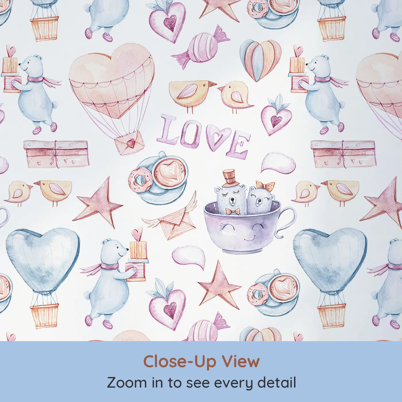 Close-up view of Whimsy Tots' Sweetheart Cafe and Cloudy Bears Wallpaper (W3239).Bears, pastries, stars, and balloons float through a cozy dreamscape.