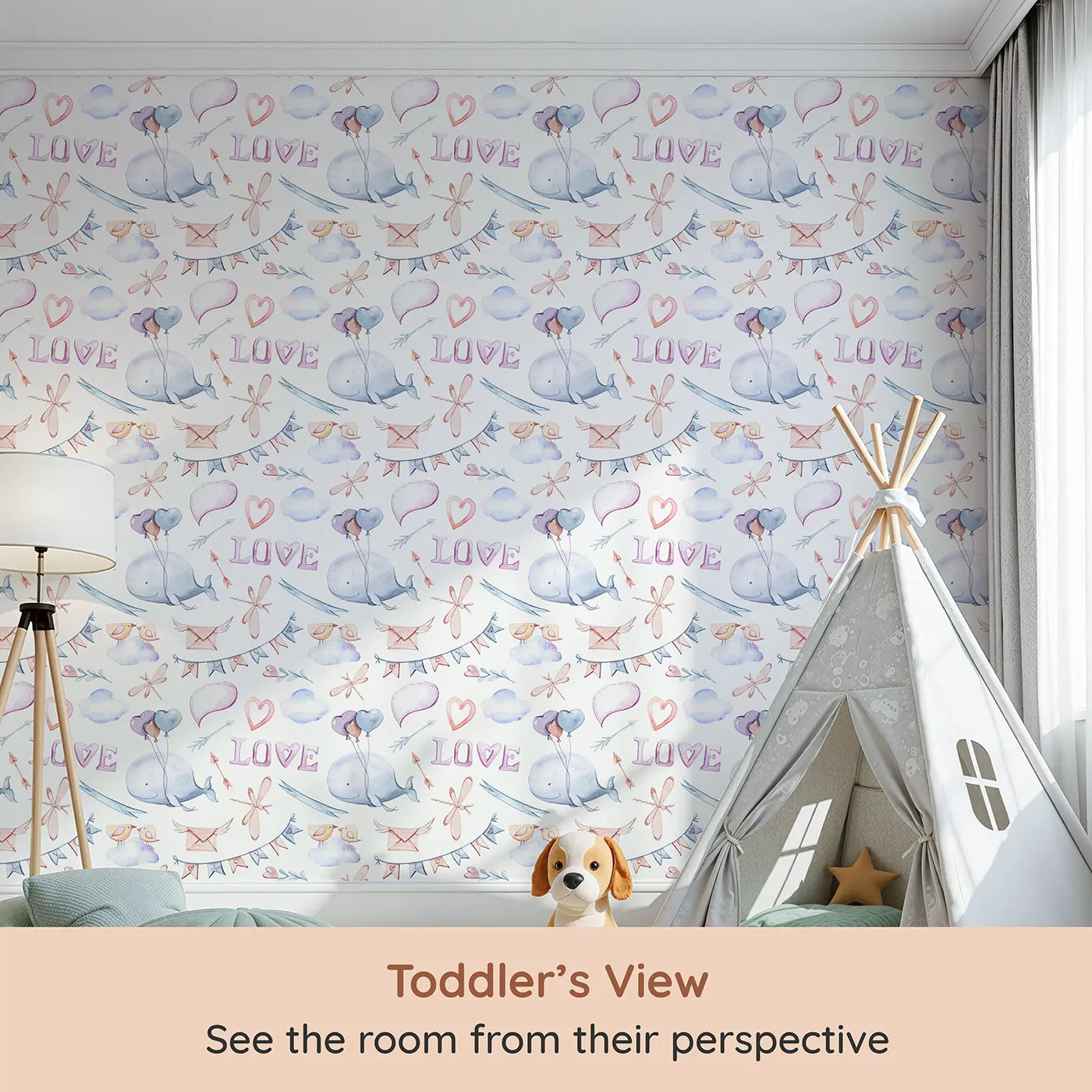 Whimsy Tots Love in the Sky Wallpaper (W3240) from your child's view.Whales, dragonflies, and love notes drift gently through the clouds.