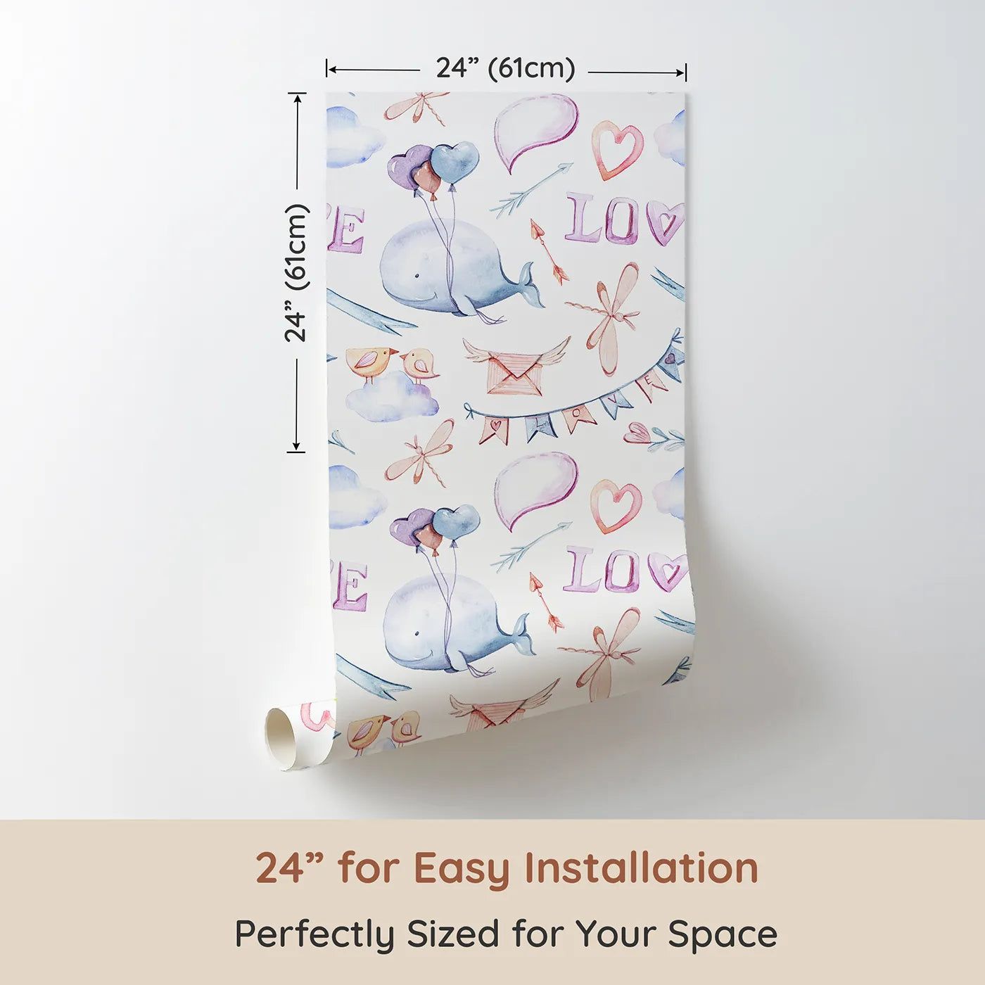 Dimension view of Whimsy Tots Love in the Sky Wallpaper (W3240). Printed in 24-inch-wide panel for easy installation. Whales, dragonflies, and love notes drift gently through the clouds.