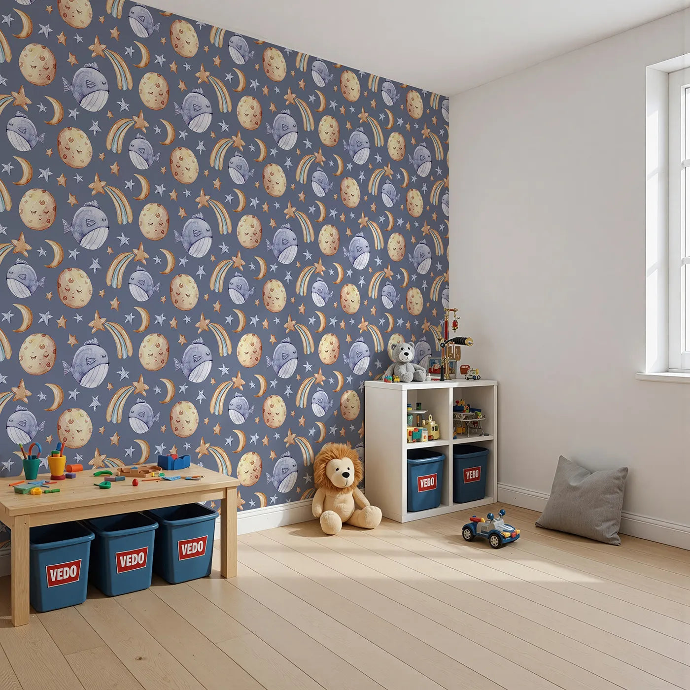 Angled view of Whimsy Tots' Starry Whale Drift Wallpaper in Indigo (W3241A).Moons and whales float gently across a navy night filled with stars.