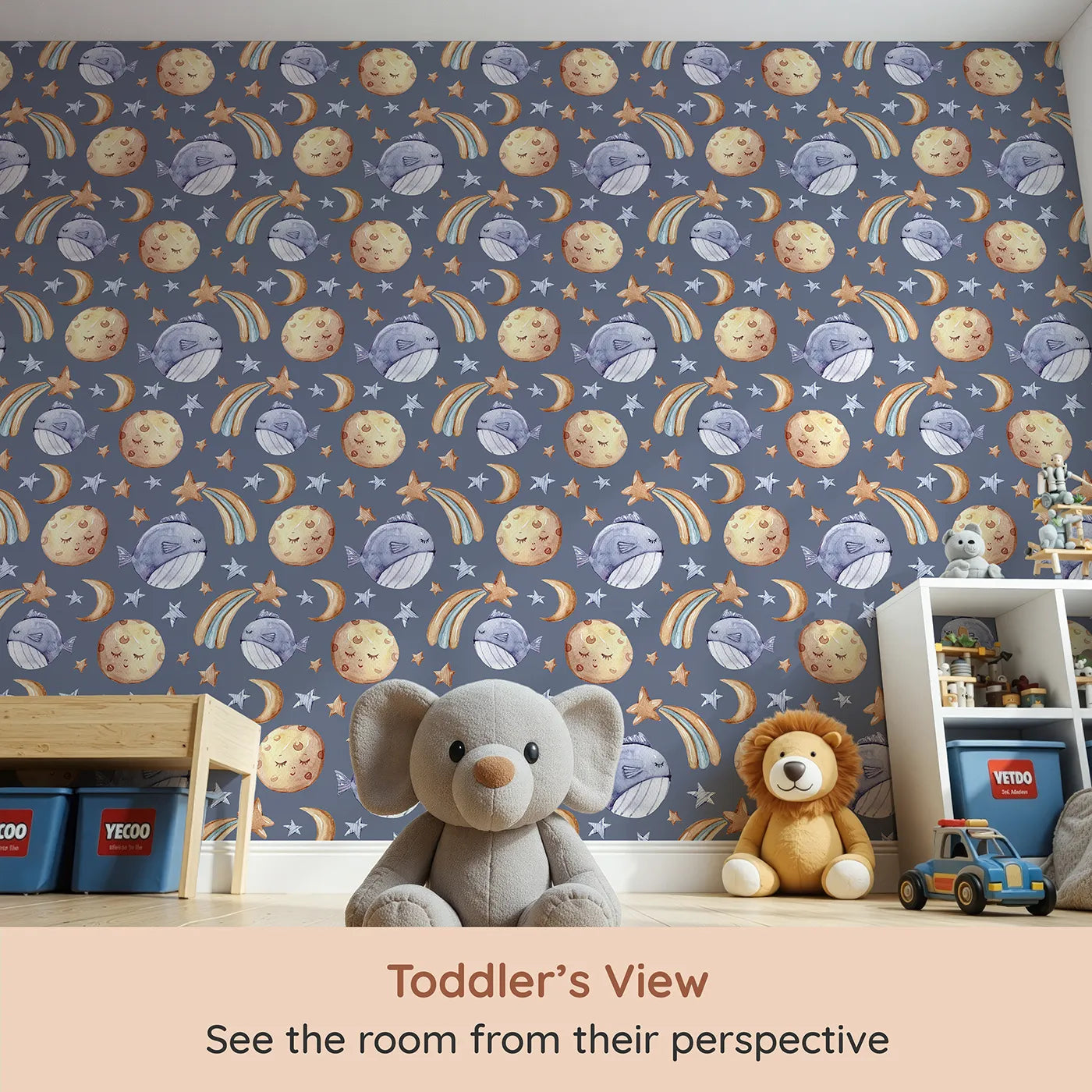 Whimsy Tots Starry Whale Drift Wallpaper in Indigo (W3241A) from your child's view.Moons and whales float gently across a navy night filled with stars.