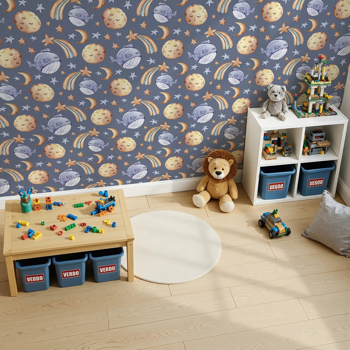 Top-Down view of Whimsy Tots' Starry Whale Drift Wallpaper in Indigo (W3241A).Moons and whales float gently across a navy night filled with stars.