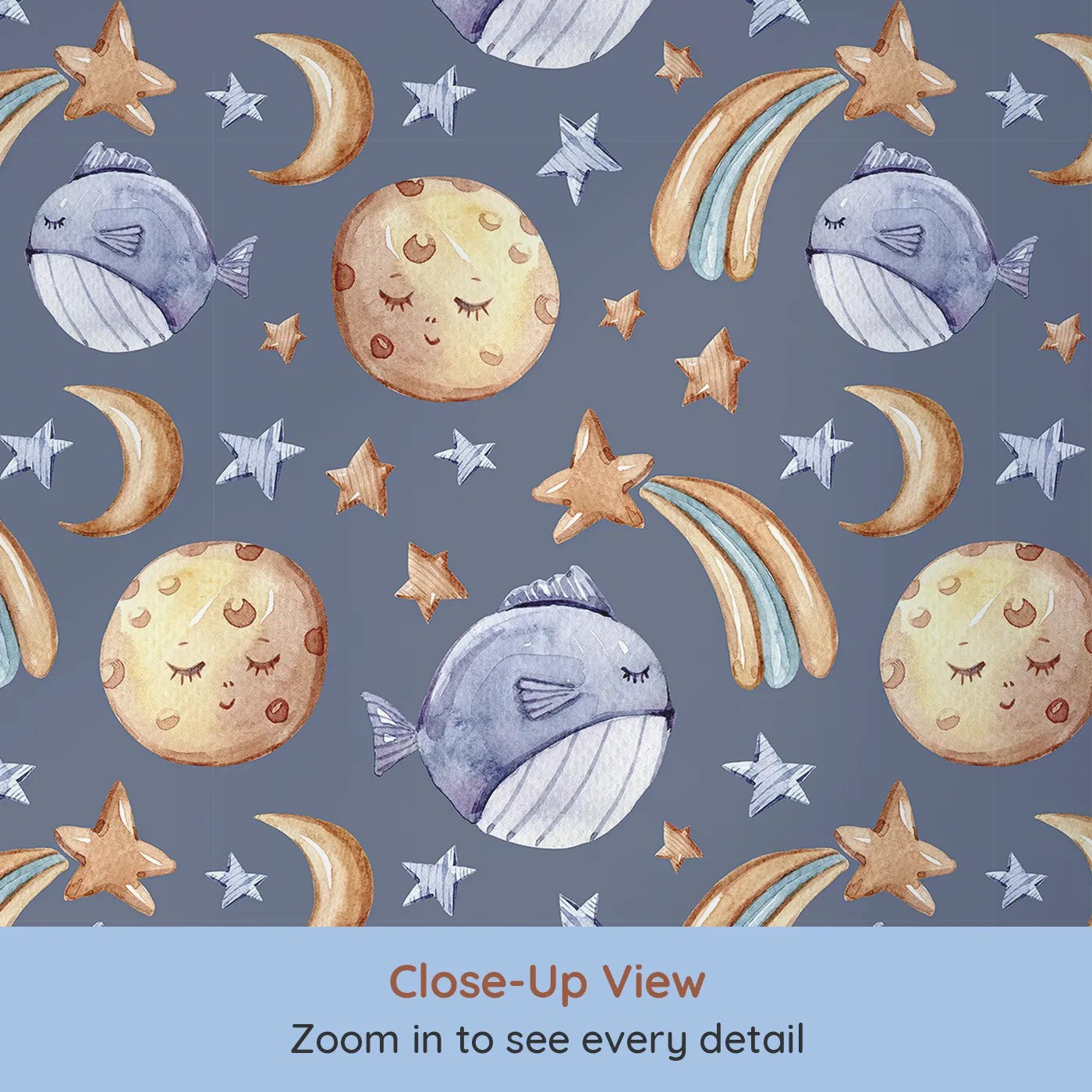 Close-up view of Whimsy Tots' Starry Whale Drift Wallpaper in Indigo (W3241A).Moons and whales float gently across a navy night filled with stars.