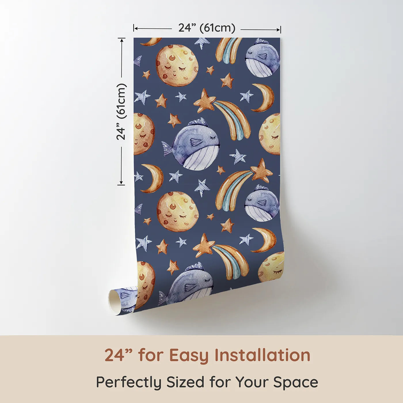 Dimension view of Whimsy Tots Starry Whale Drift Wallpaper in Indigo (W3241A). Printed in 24-inch-wide panel for easy installation. Moons and whales float gently across a navy night filled with stars.