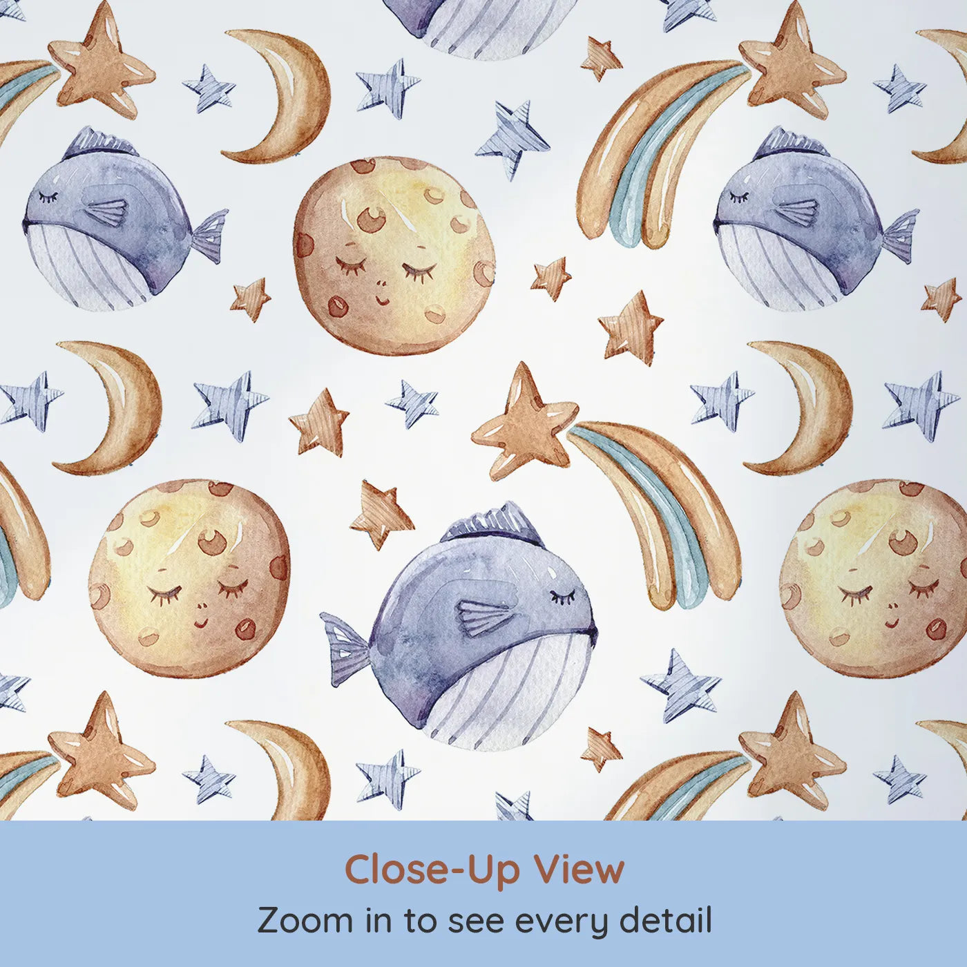 Close-up view of Whimsy Tots' Starry Whale Drift Wallpaper in White (W3241B).Smiling moons and sleepy whales float through clouds of calm.