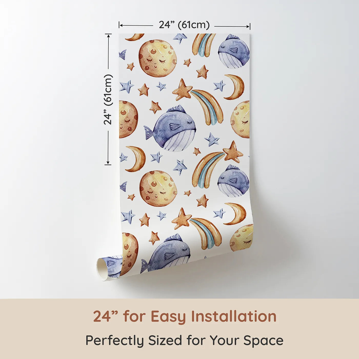 Dimension view of Whimsy Tots Starry Whale Drift Wallpaper in White (W3241B). Printed in 24-inch-wide panel for easy installation. Smiling moons and sleepy whales float through clouds of calm.