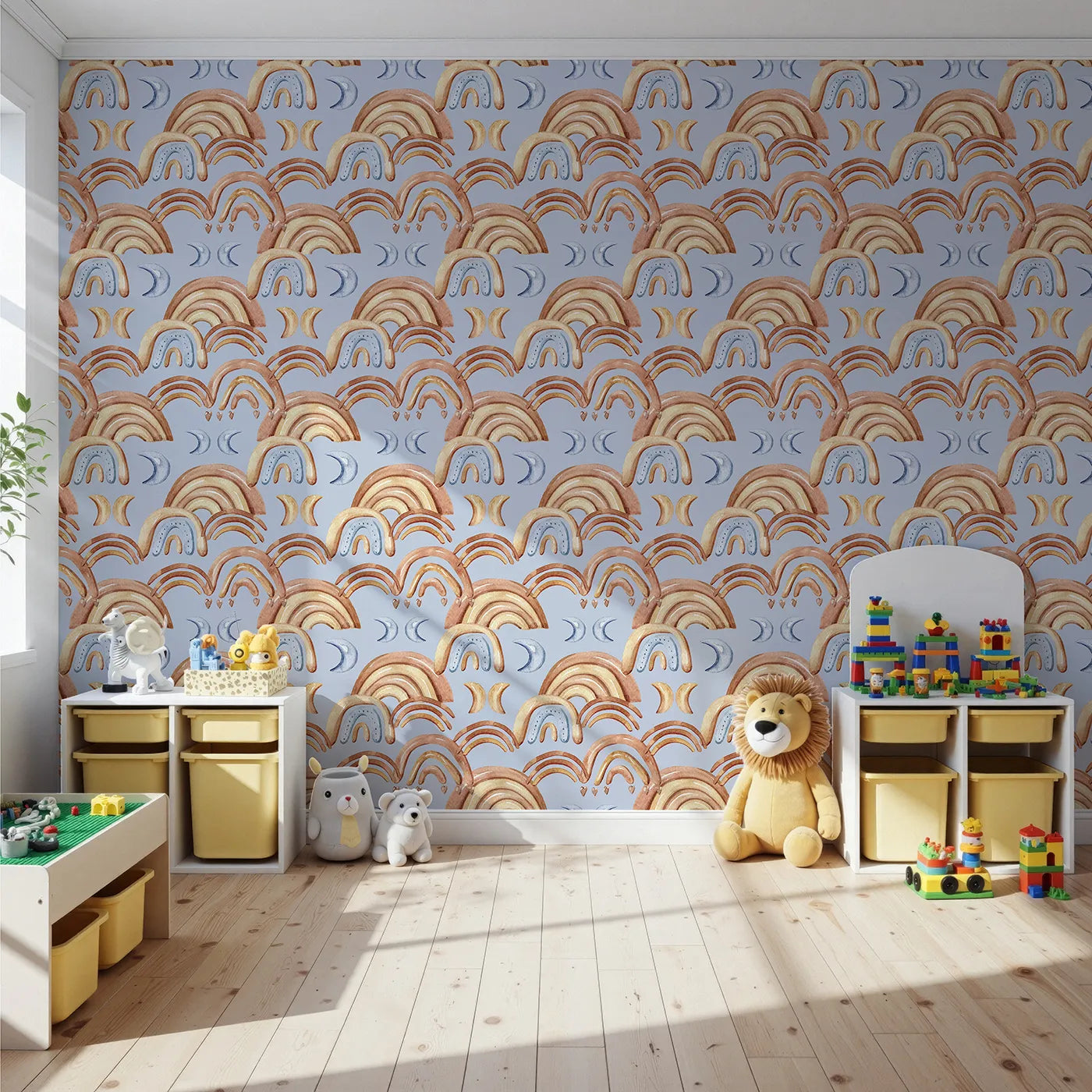 Front view of Whimsy Tots' Rainbow Moondance Wallpaper in Blue