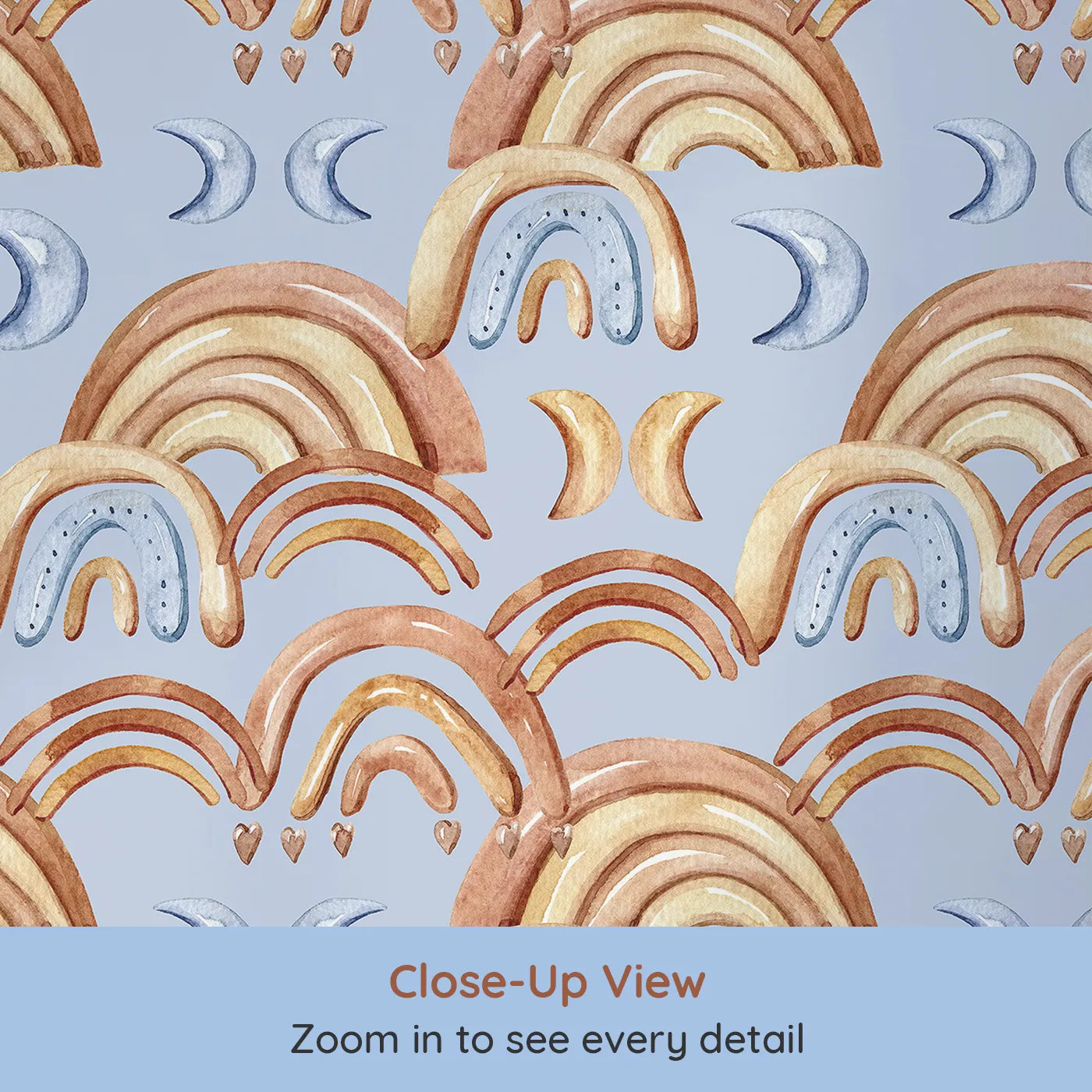 Close-up view of Whimsy Tots' Rainbow Moondance Wallpaper in Blue (W3242A).Soothing arcs and soft celestial shapes wrap their world in wonder.