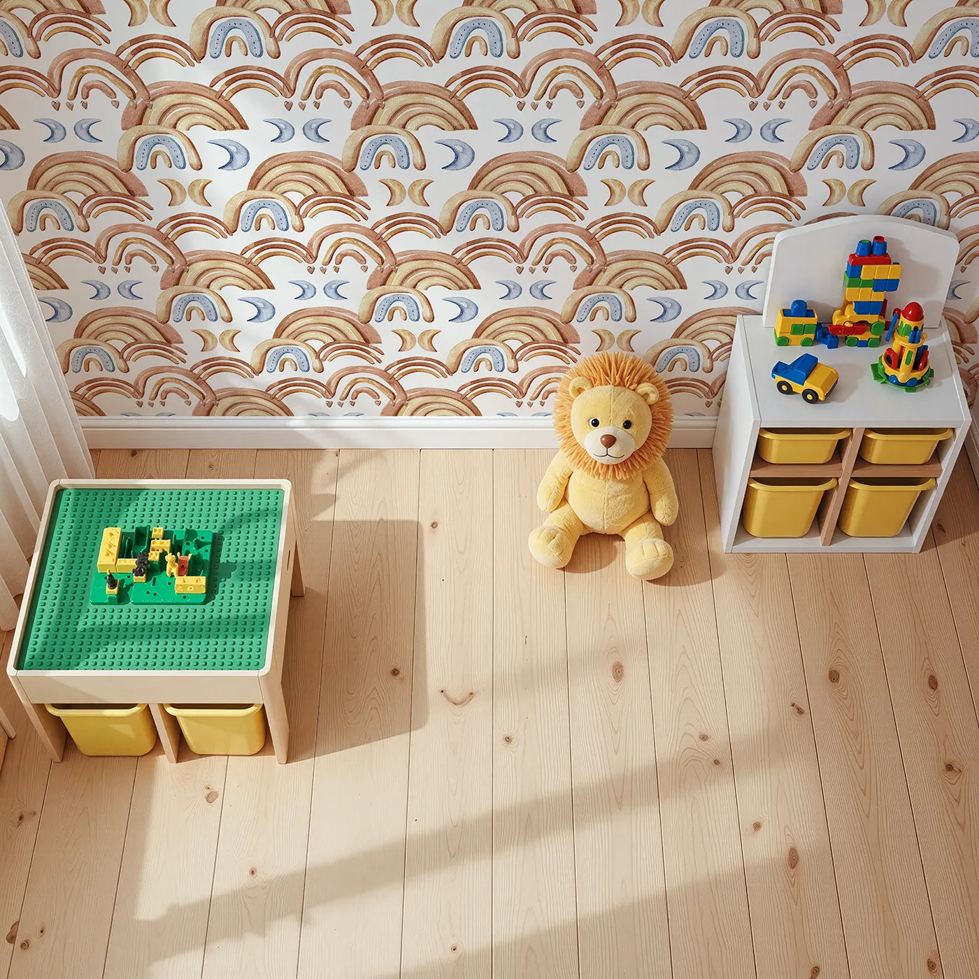 Top-Down view of Whimsy Tots' Rainbow Moondance Wallpaper in White (W3242B).Warm arcs and soft moons make every wall feel hugged by magic.