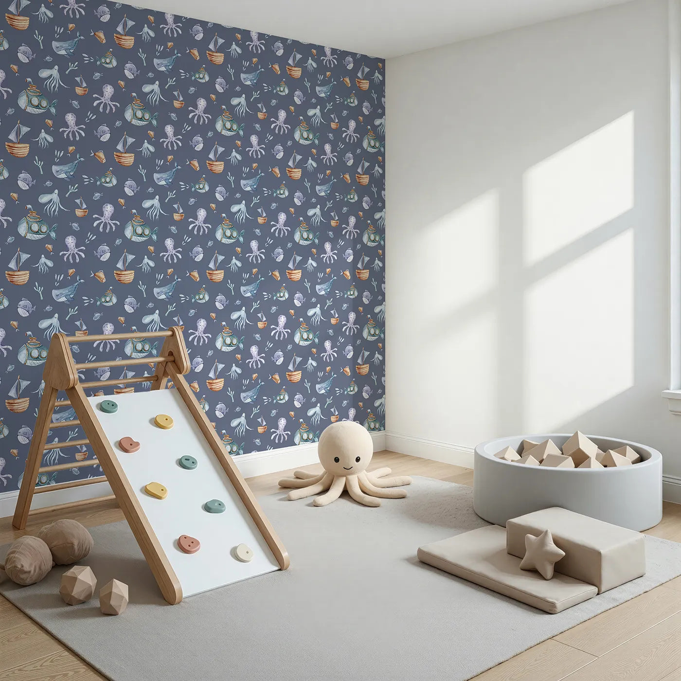 Angled view of Whimsy Tots' Undersea Slumber Voyage Wallpaper in Deep Blue (W3243A).Whales, submarines, and sleepy sea friends drift through a dreamy ocean world.